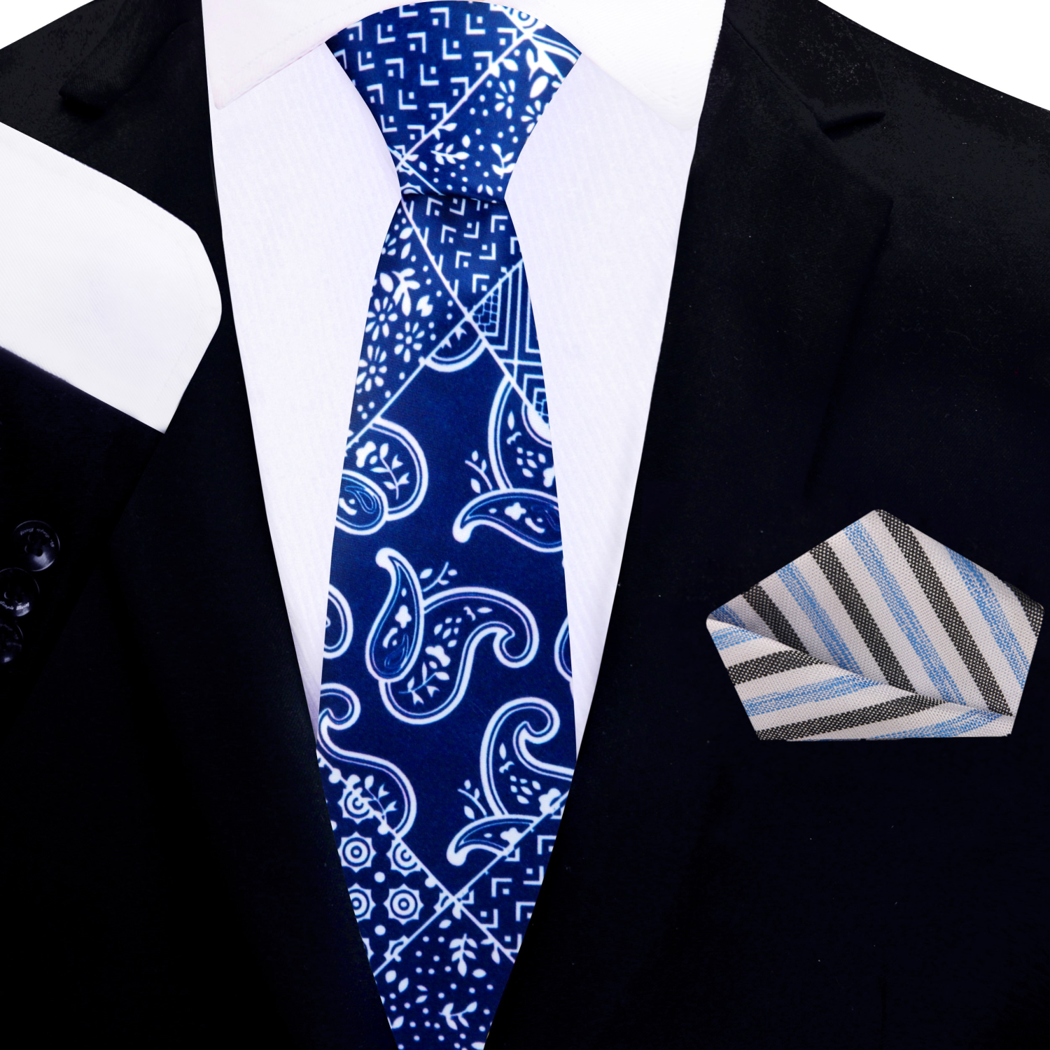 Thin Blue, White Patchwork Bandana Paisley Tie and Accenting Pocket Square