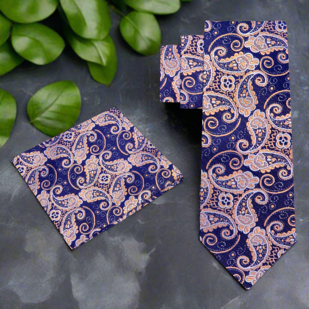 Main A Deep Blue, Tan Paisley Pattern Necktie, Matching Pocket Square
