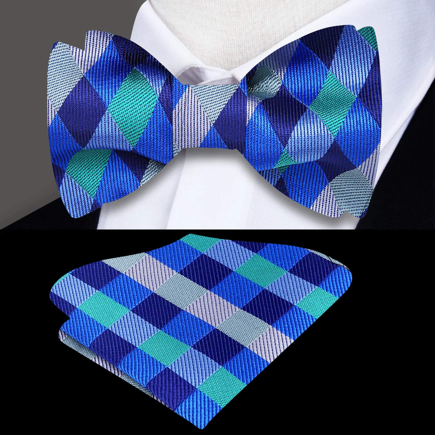 A Green, Dark Green, Grey Geometric Check Pattern Silk Self Tie Bow Tie, Matching Pocket Square,