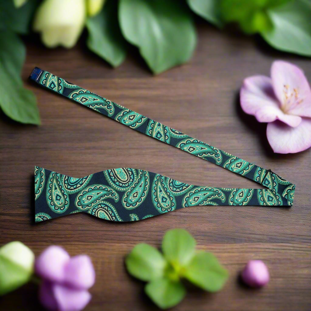 A Dark Blue, Teal Paisley Pattern Silk Self Tie Bow Tie