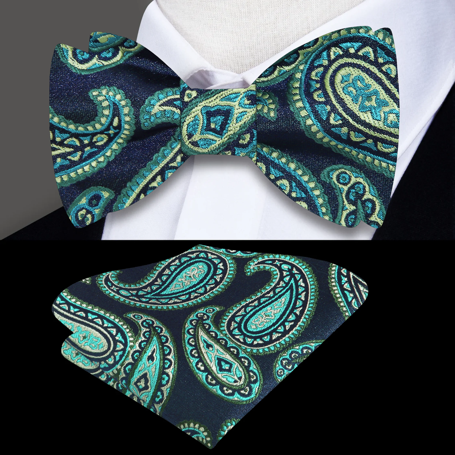 A Dark Blue, Teal Paisley Pattern Self Tie Bow Tie, Matching Pocket Square