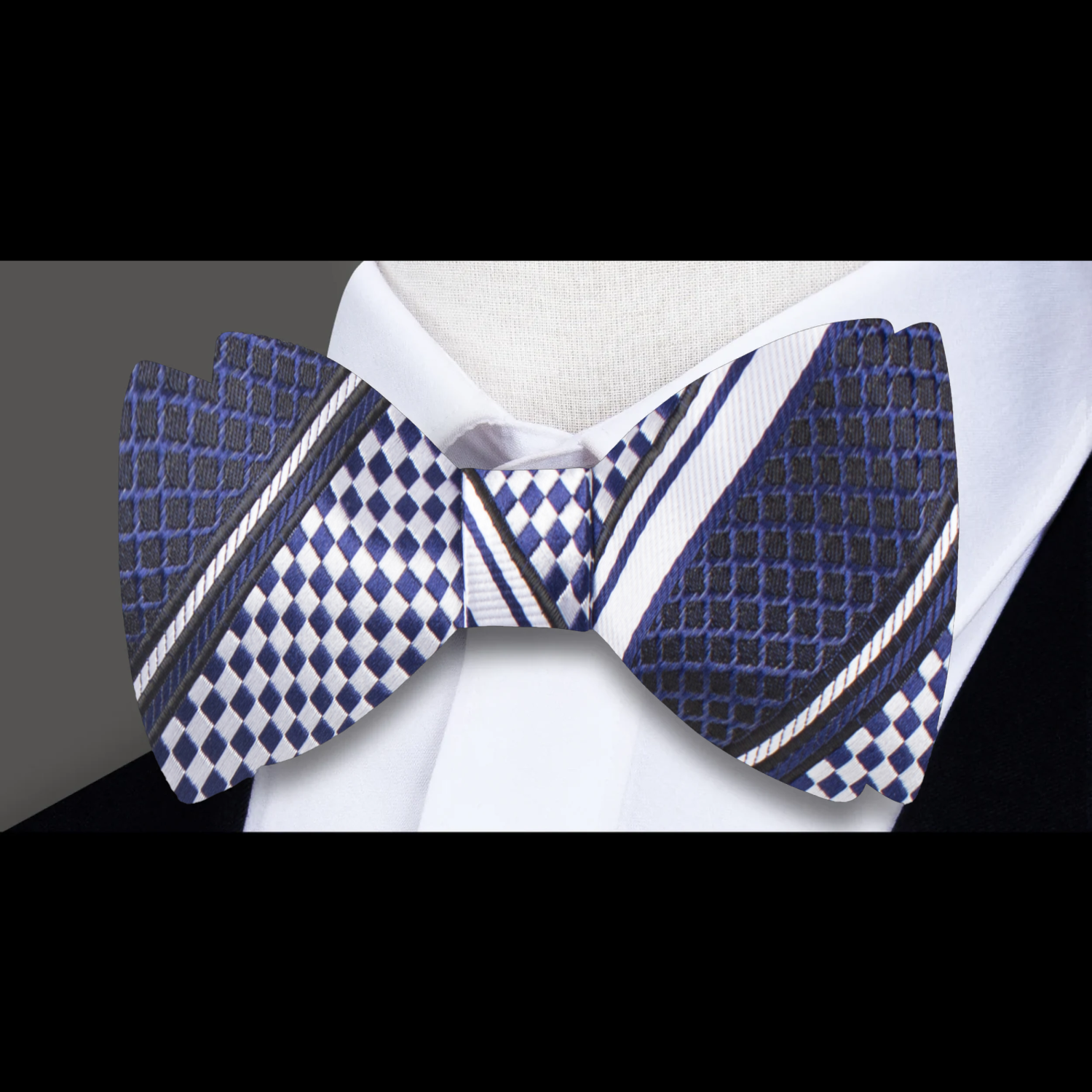 Deep Blue and Light Silver Check Bow Tie 