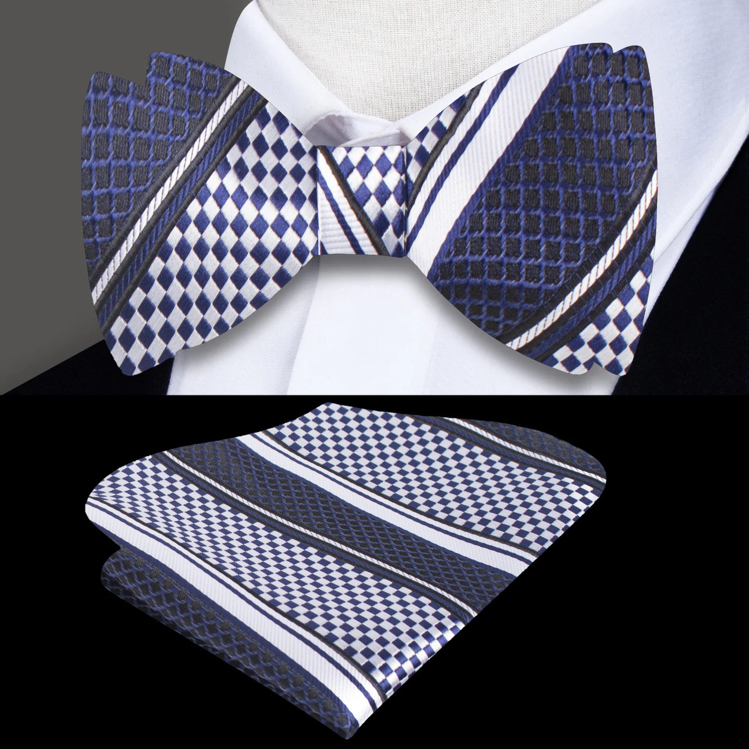 Deep Blue and Light Silver Check Bow Tie and Pocket Square