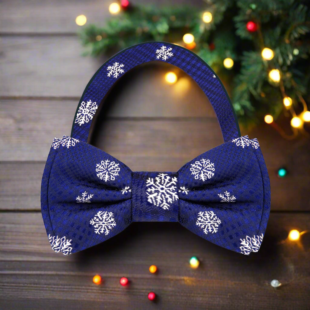 Blue Plaid with White Snowflake Bow Tie Pre Tied