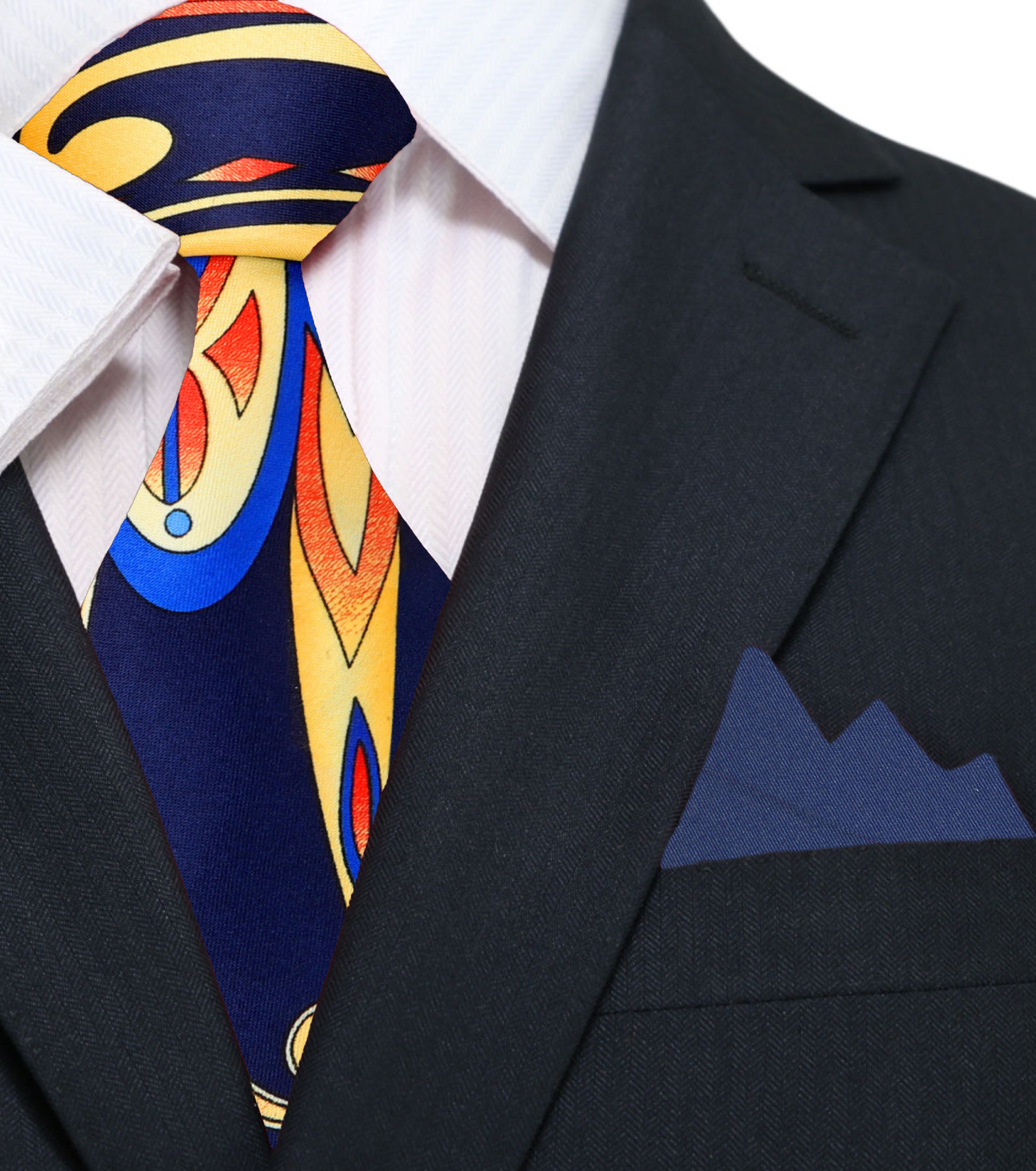 Blue, Red, Orange, Yellow Abstract Tie and Blue Pocket Square