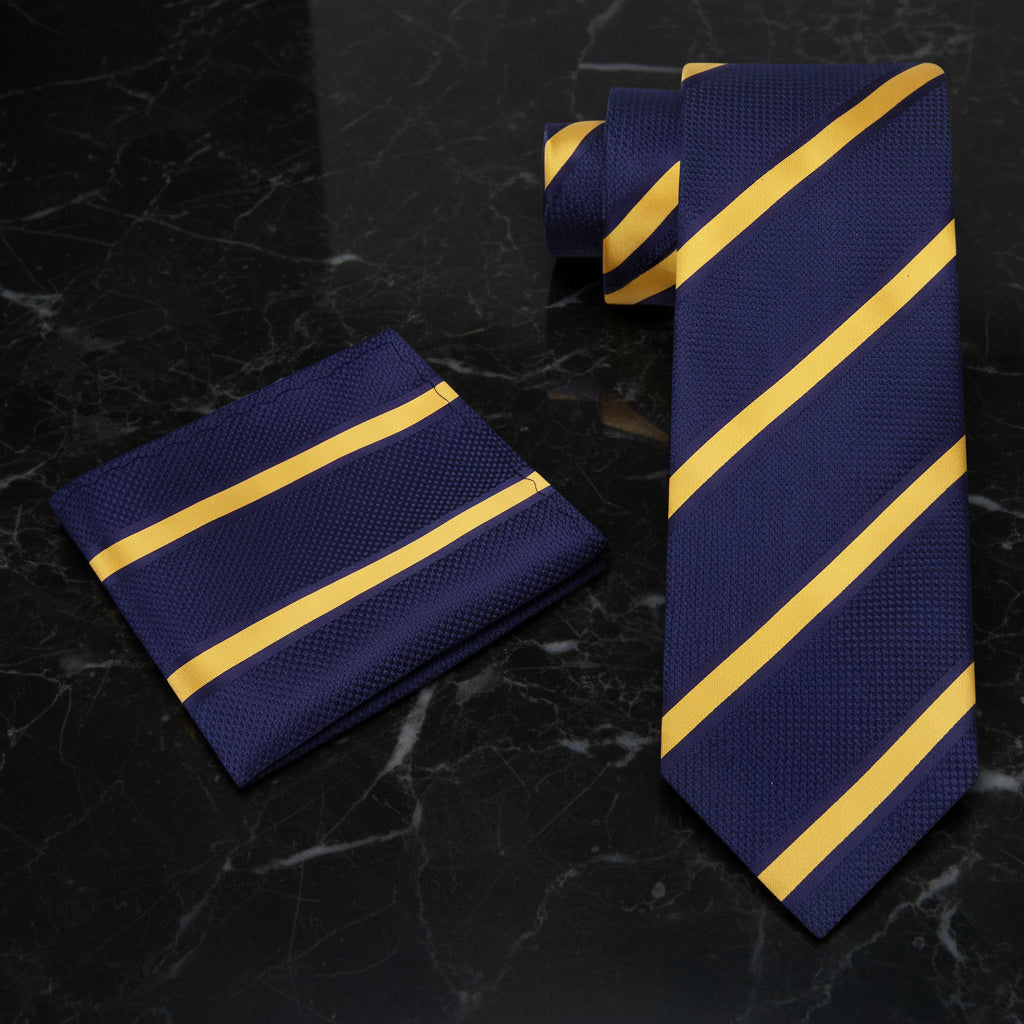 Alt View: Dark Blue, Yellow Stripe Necktie and Matching Square