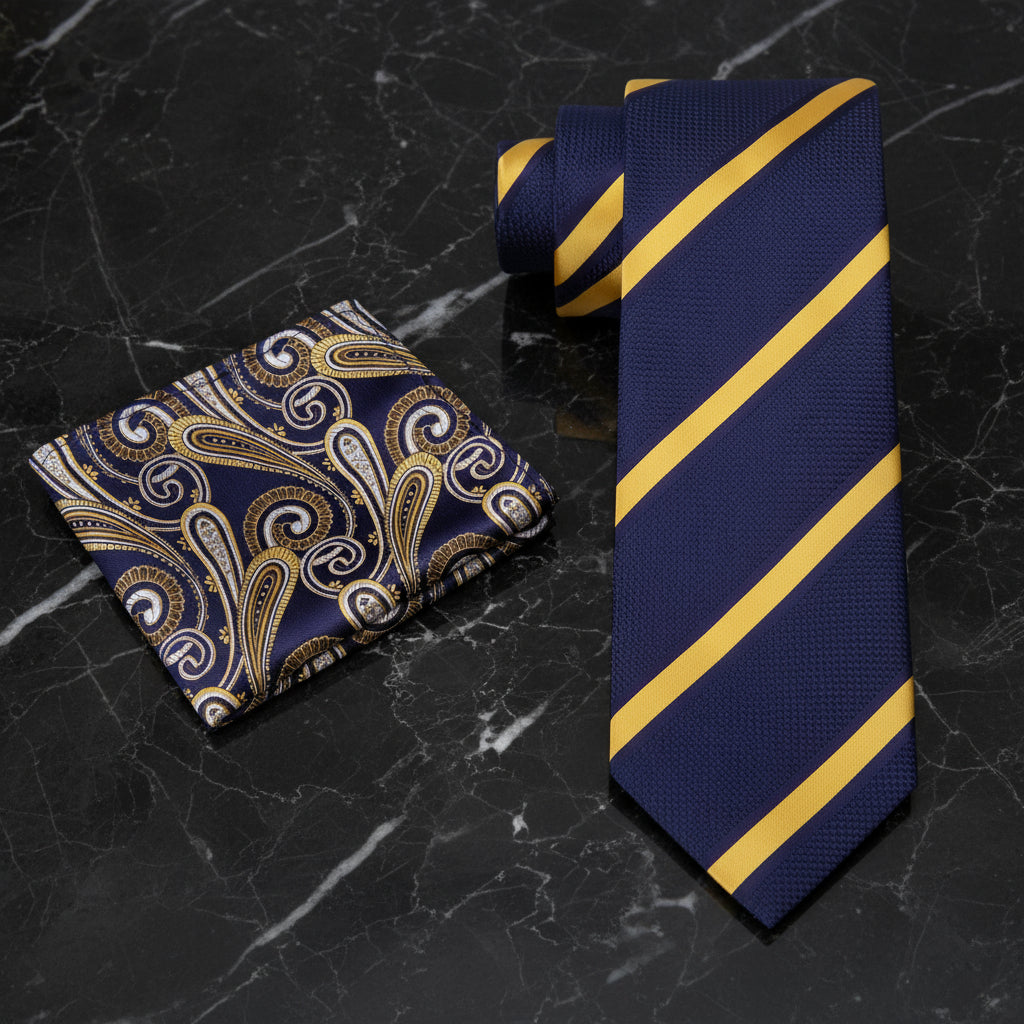 Alt View: Dark Blue, Yellow Stripe Necktie with Blue Yellow Paisley Square