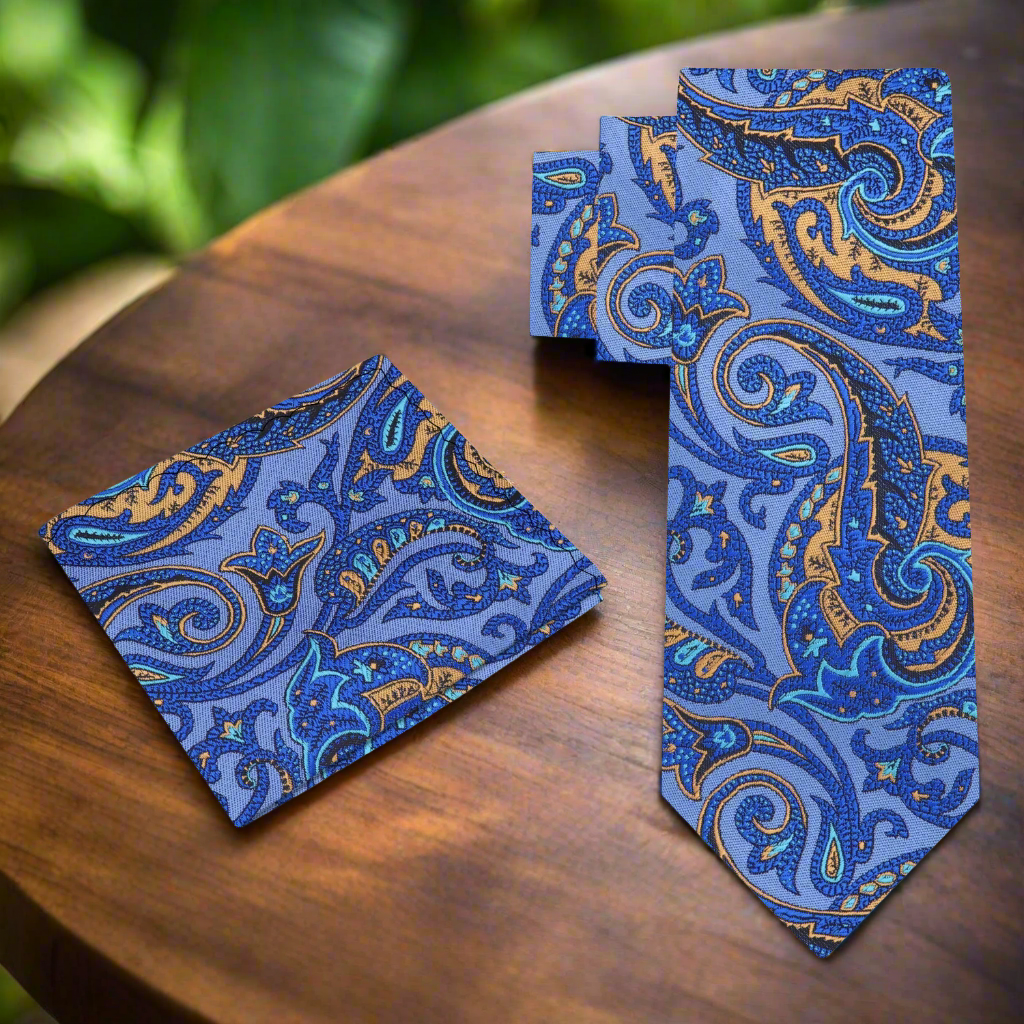 Alt View: Blue, Yellow Paisley Tie and Pocket Square
