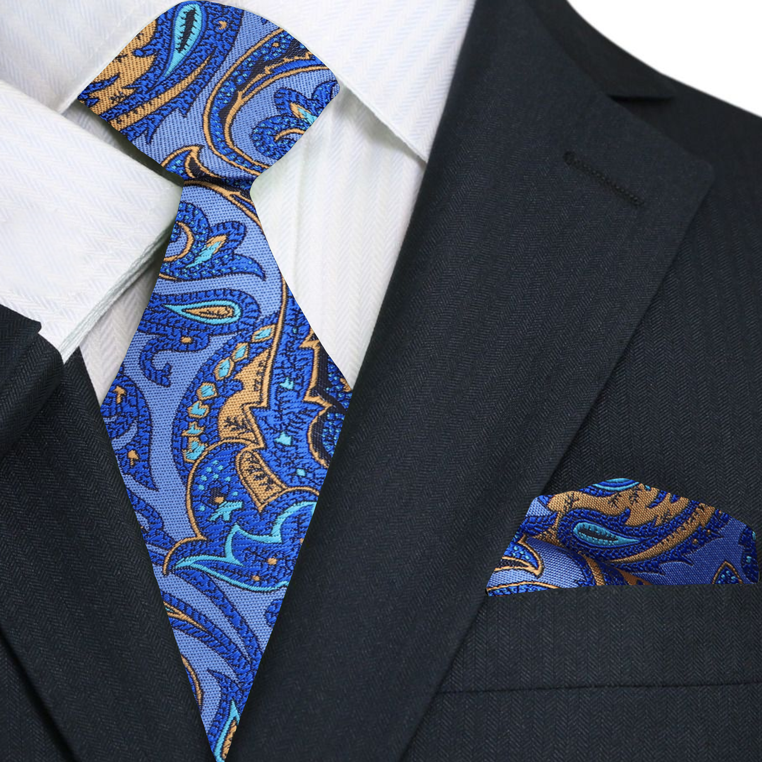 Blue, Yellow Paisley Tie and Pocket Square with a black suit jacket