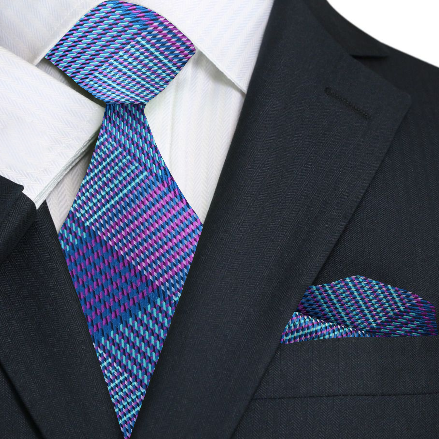 Premium Blue, Purple Plaid Necktie and Matching Square