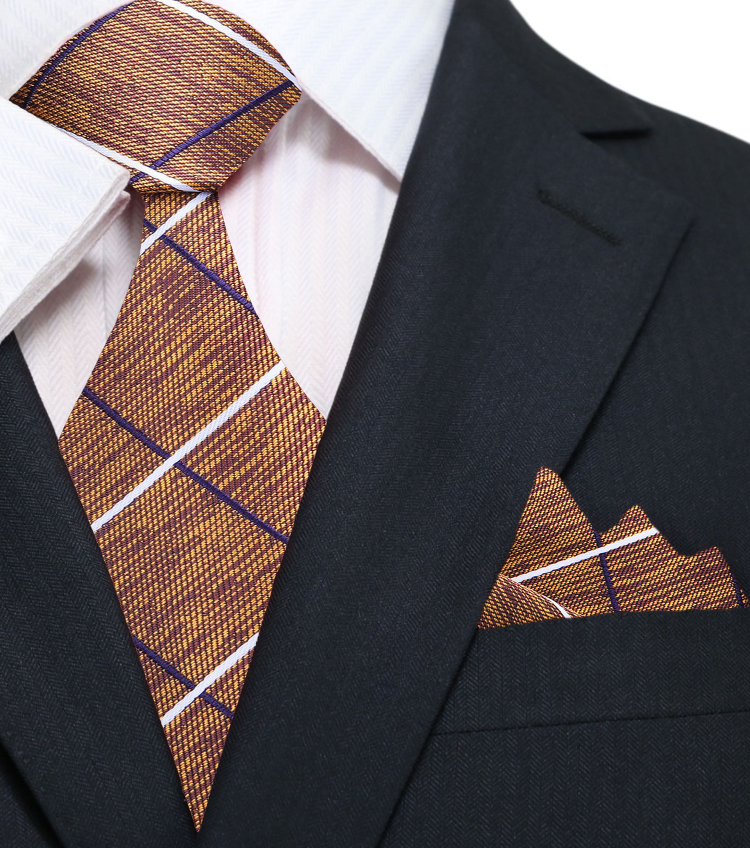 Brown Classic Man Plaid Necktie and  Square