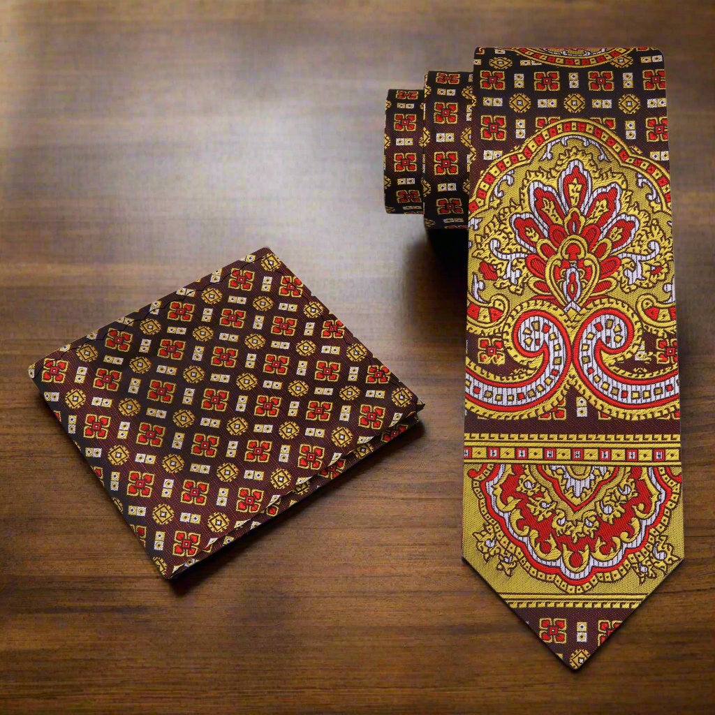 View 2: A Yellow, Copper Abstract Large Crest With Small Burst and Checks Pattern Silk Necktie, Pocket Square and Cuff-links.