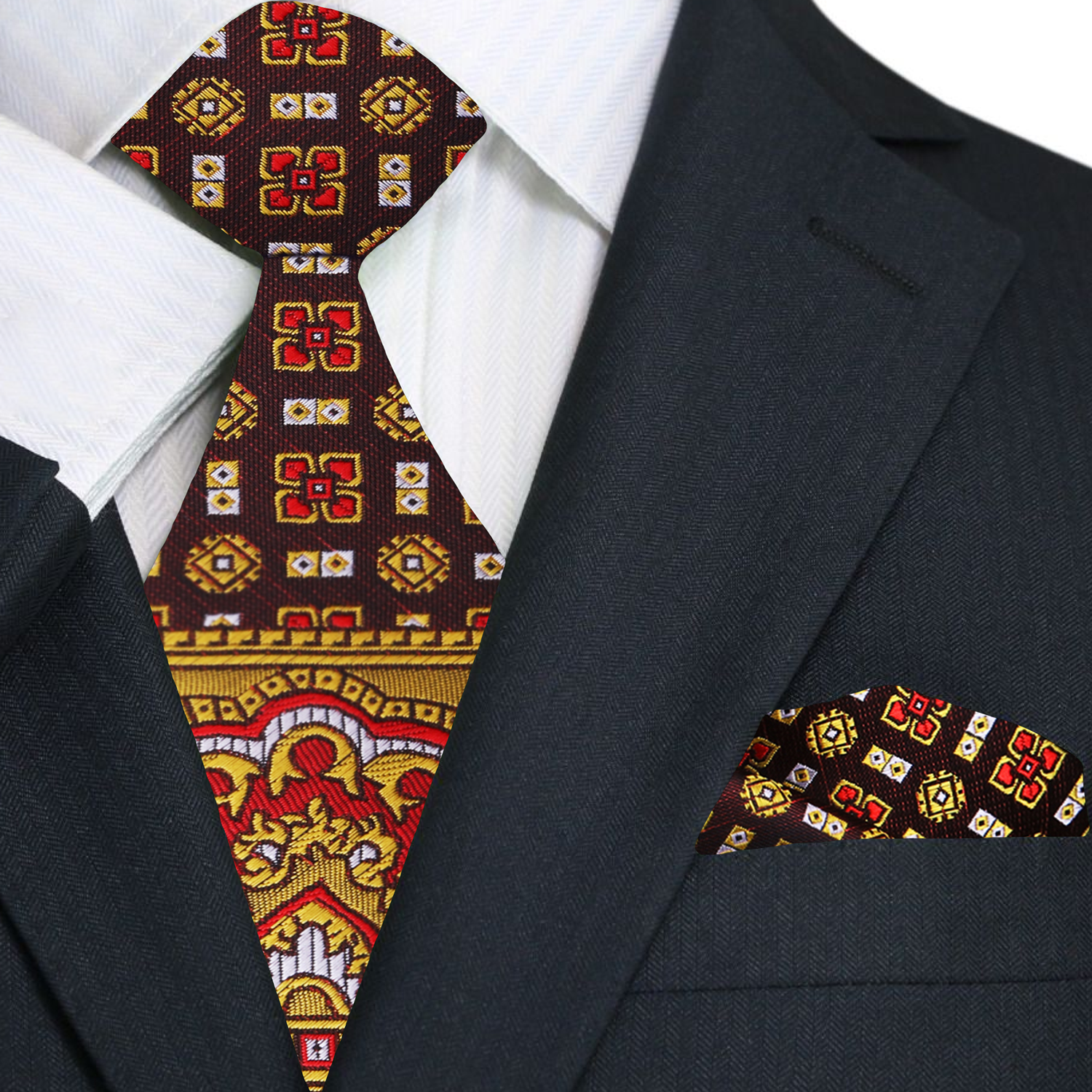 Premium A Yellow, Copper Abstract Large Crest With Small Burst and Checks Pattern Silk Necktie, Pocket Square and Cuff-links.