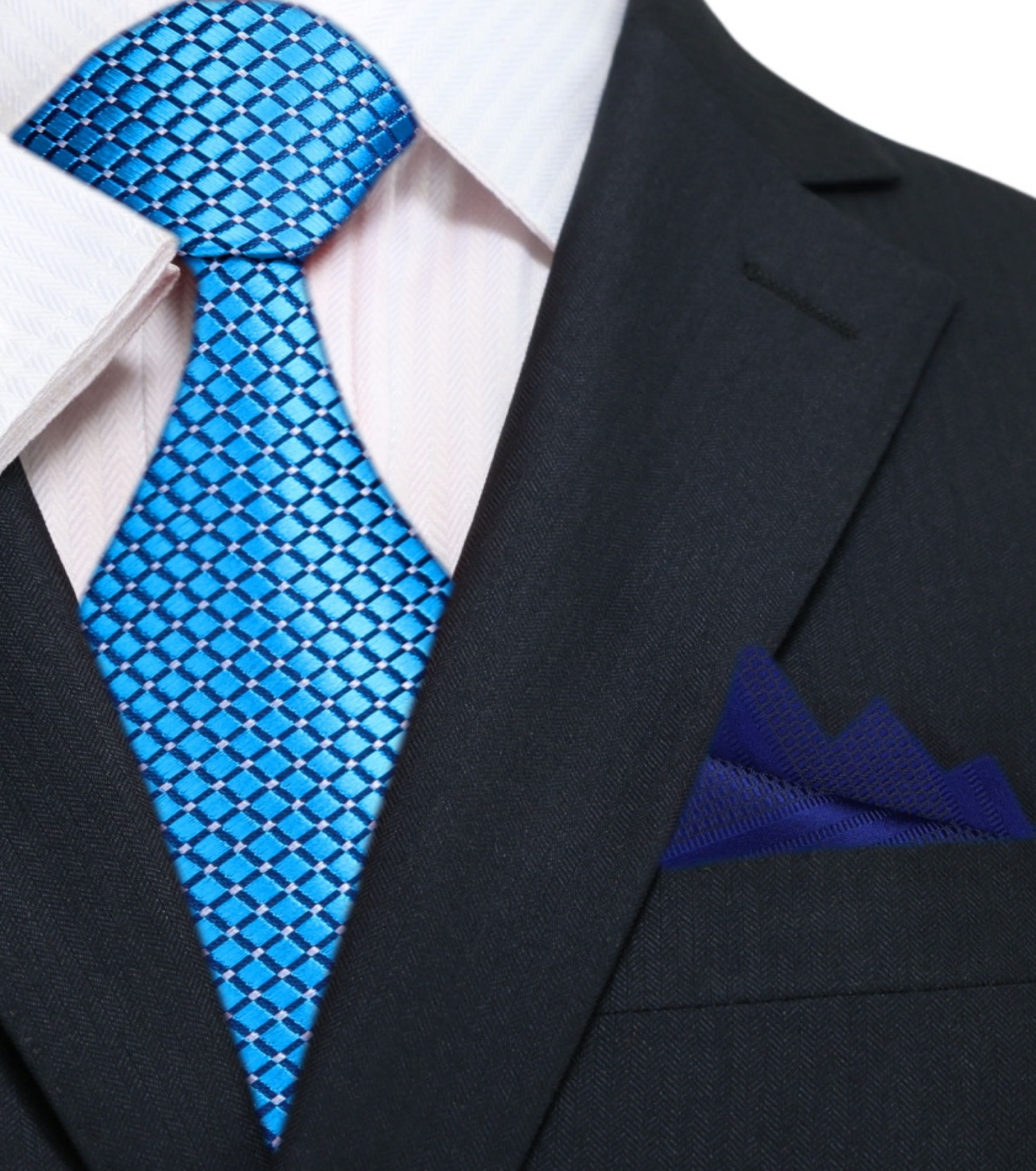 Main: A Light Blue Small Geometric Diamond With Small Dots Pattern Silk Necktie With Dark Blue Pocket Square