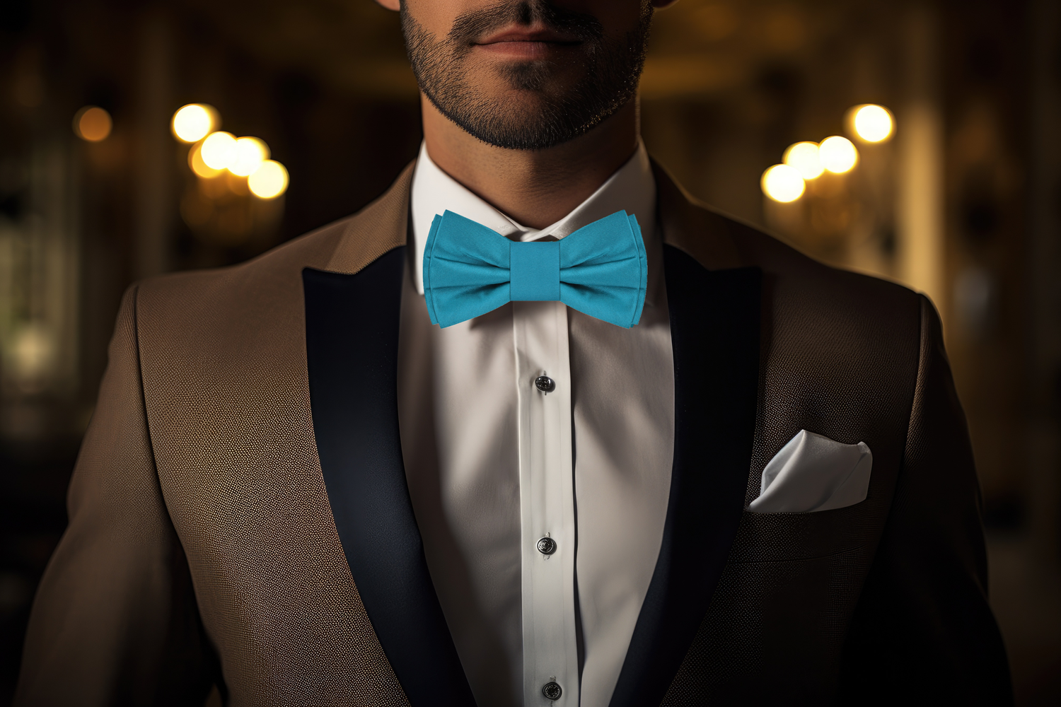 Caribbean Solid Colored Bow Tie and White Square on Brown Suit