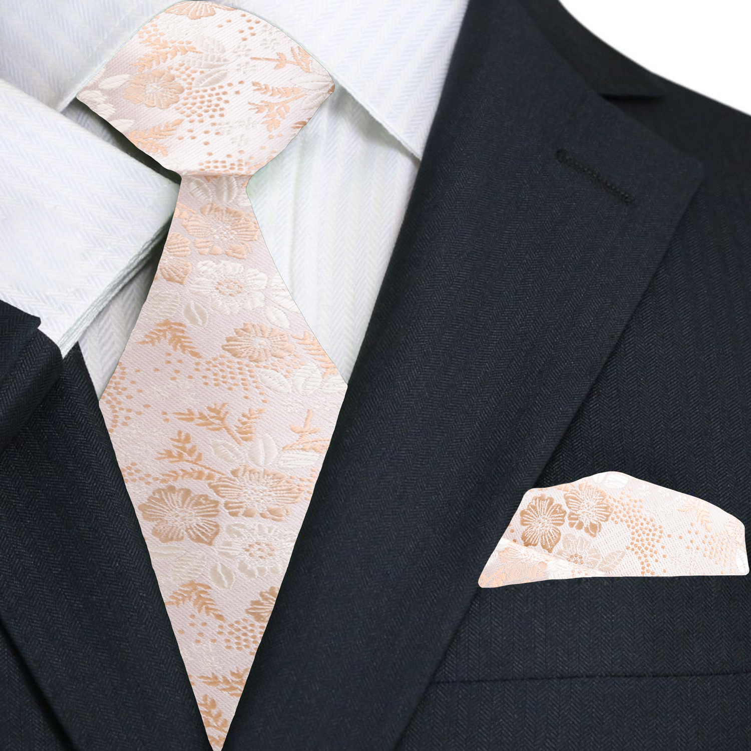 Main Light Champagne Floral Tie and Pocket Square||Champagne