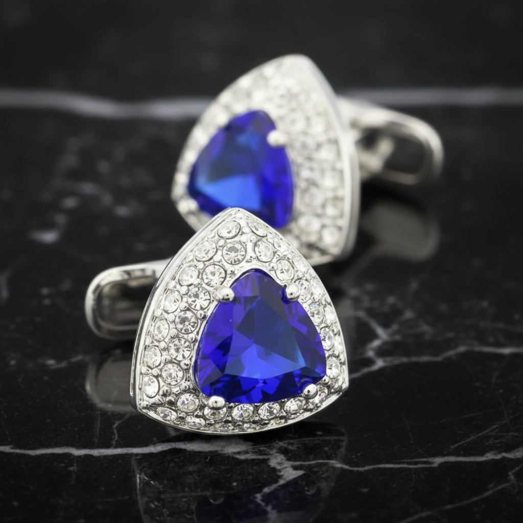A Silver, Blue Color Diamond Shape Cuff-links
