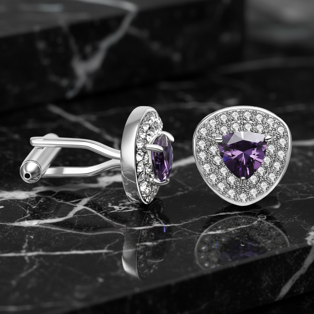 Chrome with Clear and Purple Stones Cufflinks