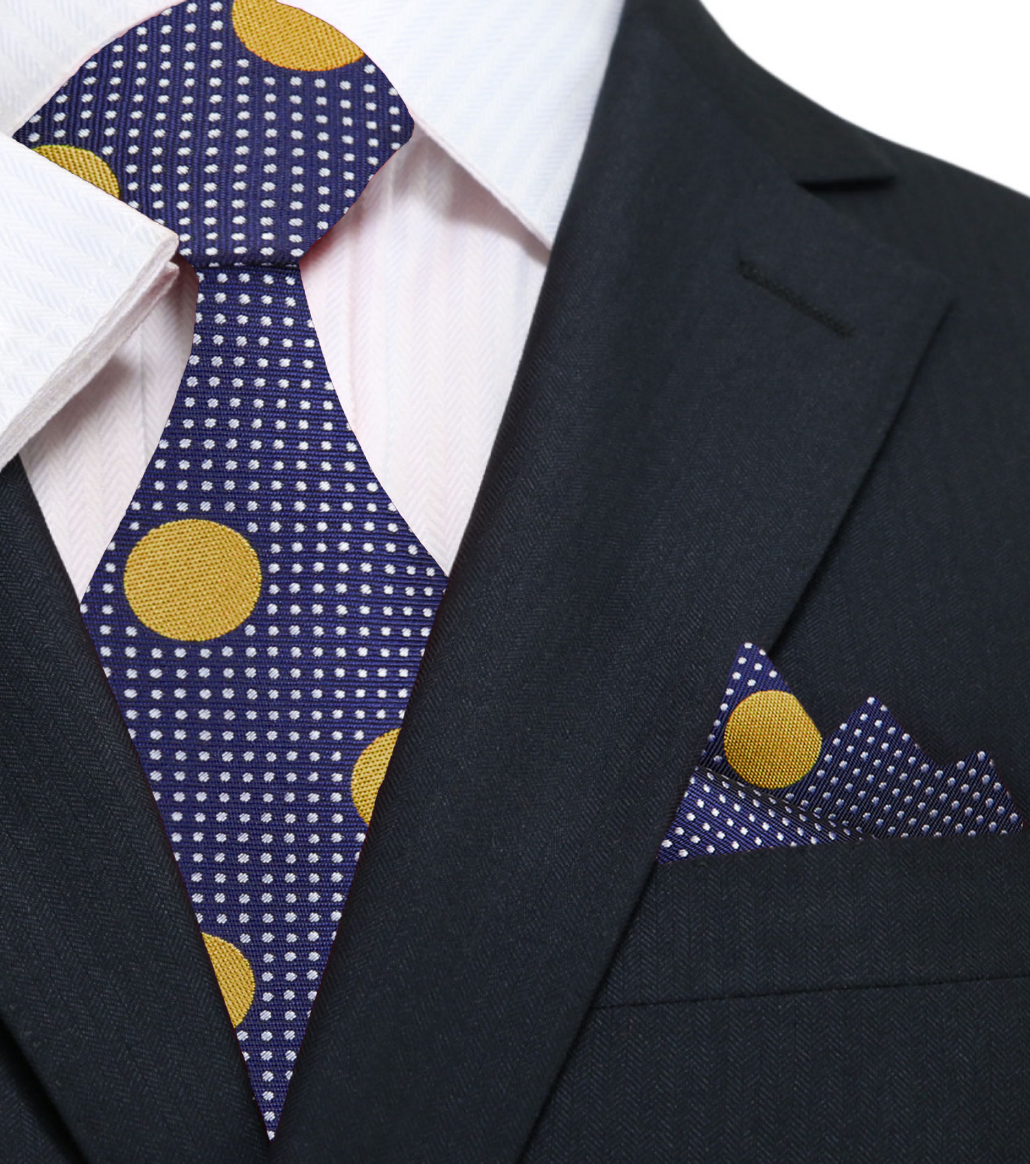 Main:  blue gold polka tie and square