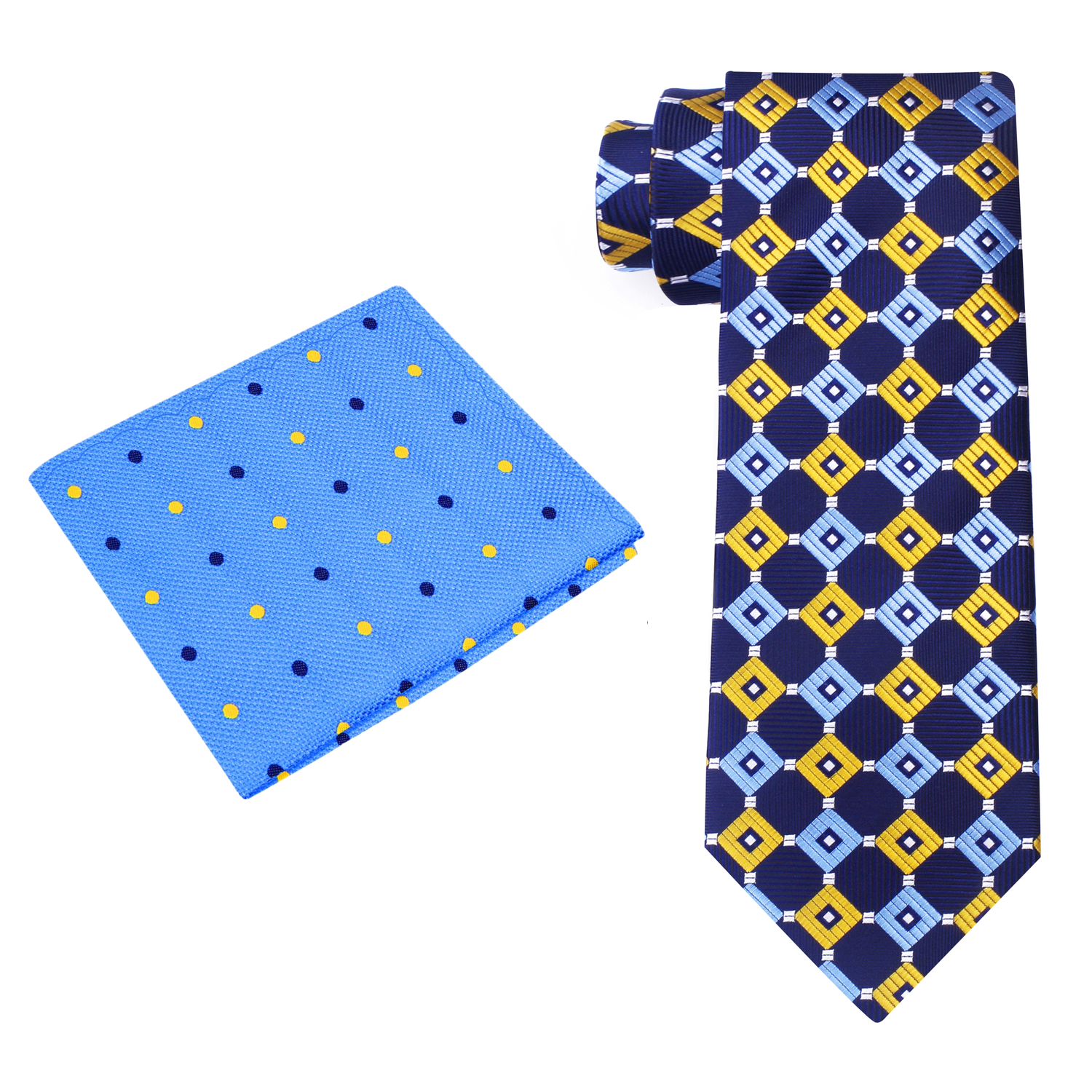 Blue, Yellow Geometric Necktie and Light Blue Polka Square 2