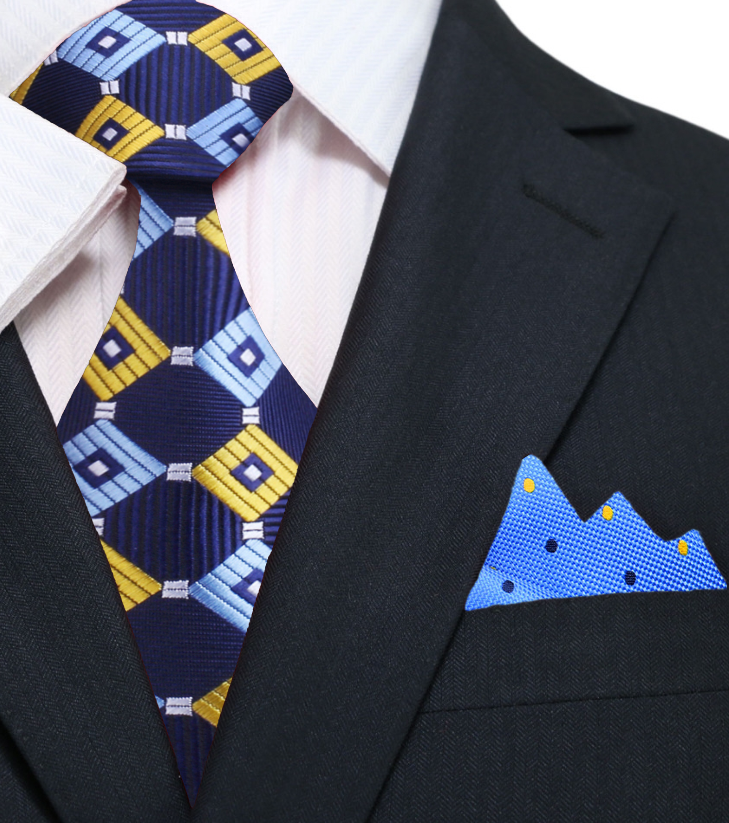 Blue, Yellow Geometric Necktie and Light Blue Polka Square