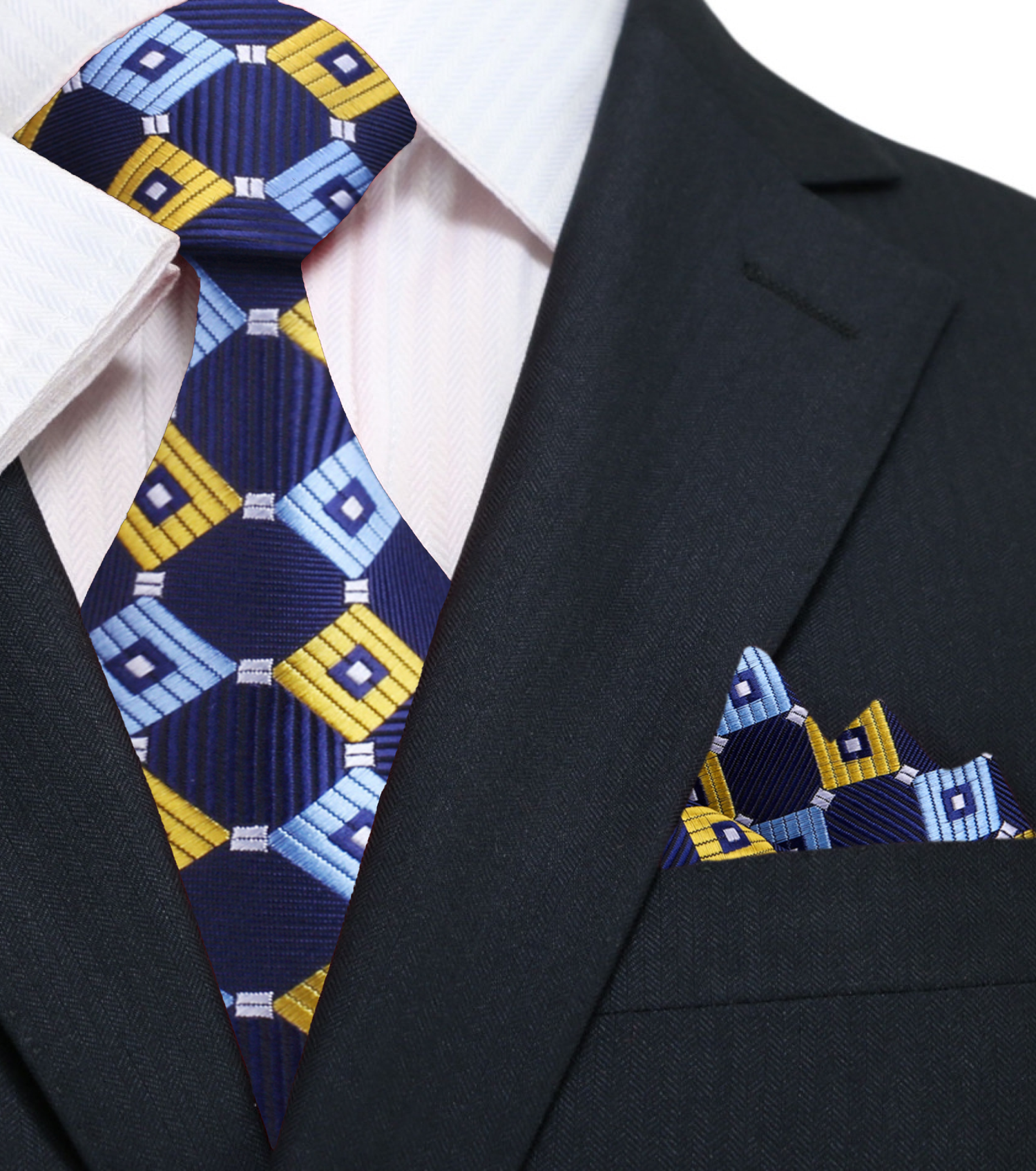 Blue, Yellow Geometric Necktie and Square