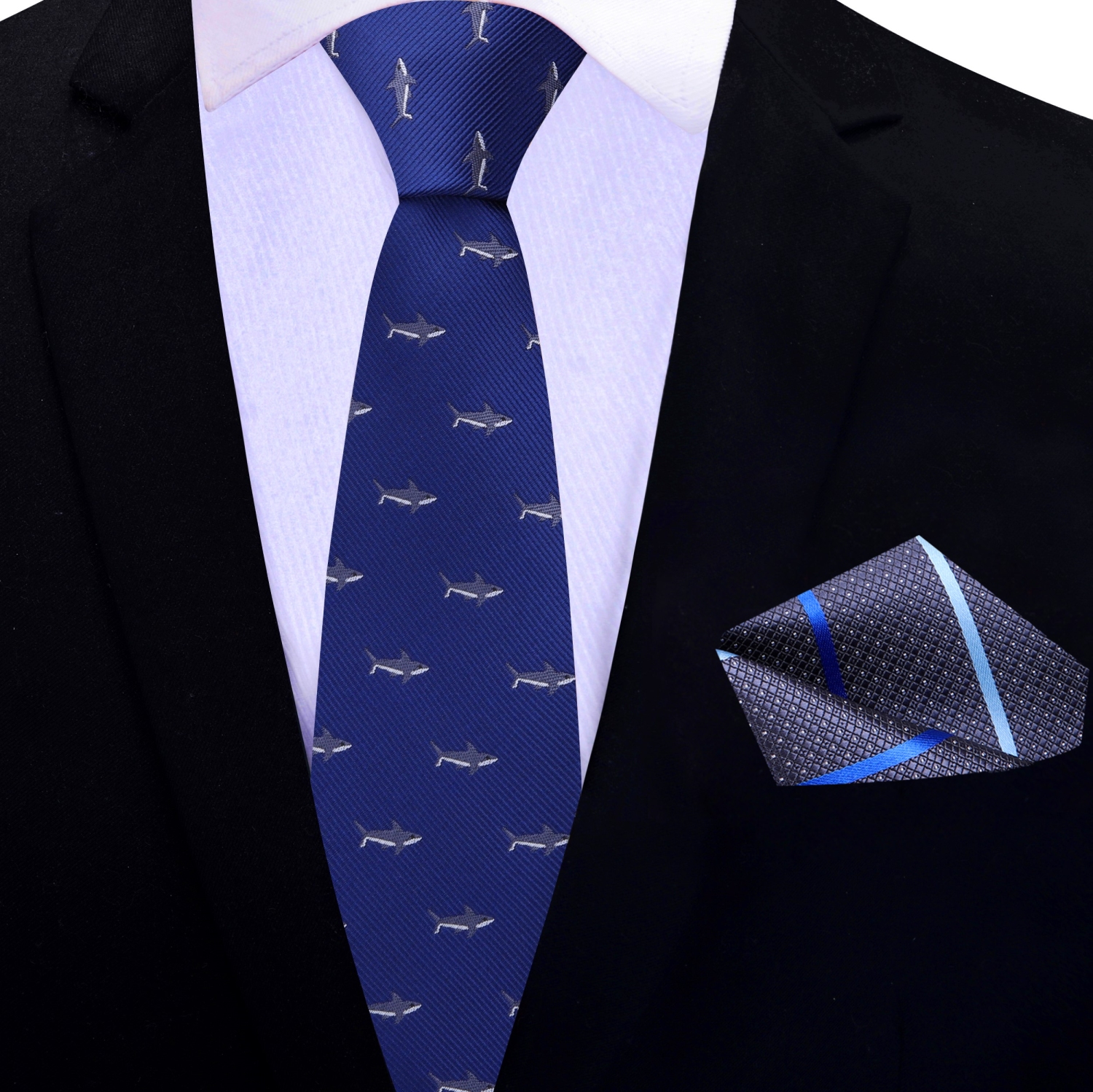 Thin Blue, Grey Shark Necktie and Accenting Stripe Square