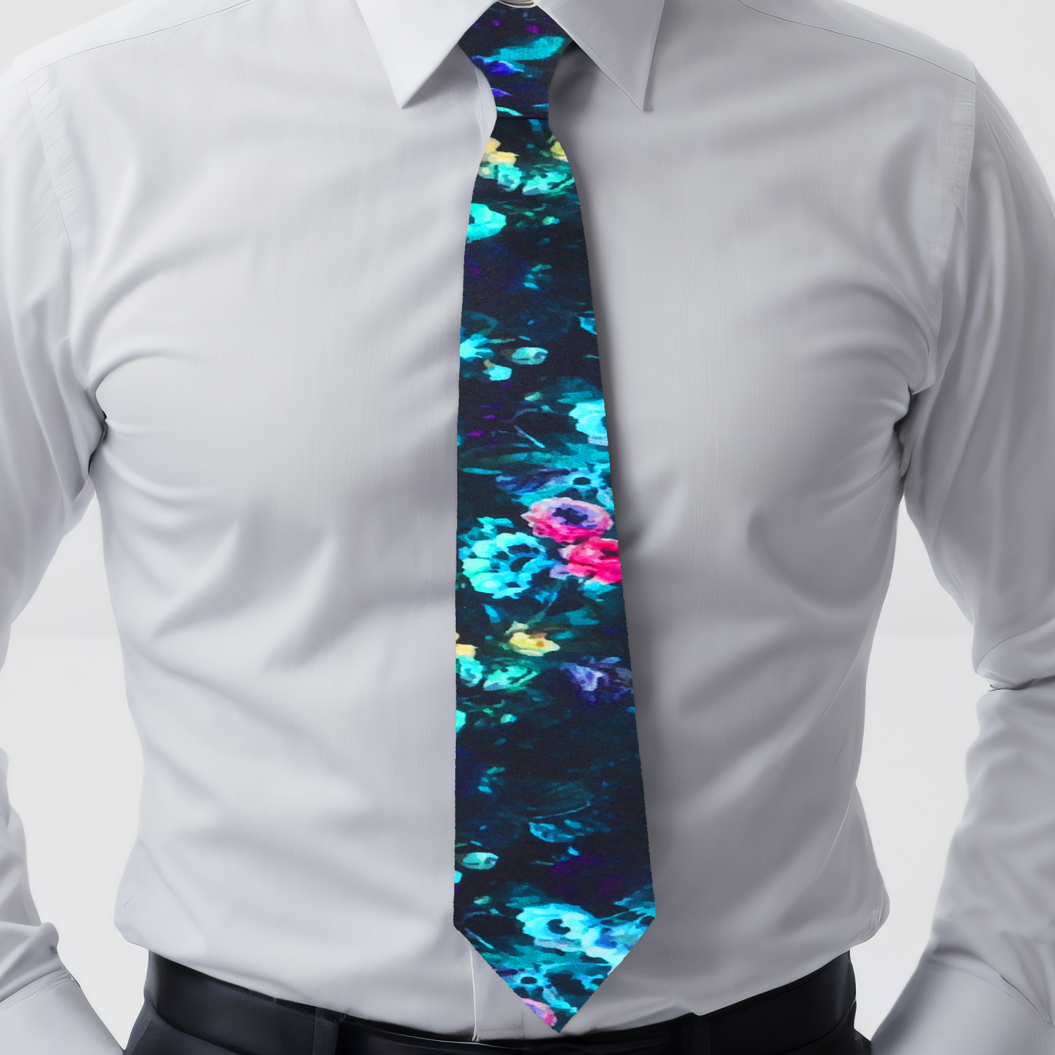 Deep Sacramento Green Light Blue Floral Oil Painting Necktie  on White Shirt