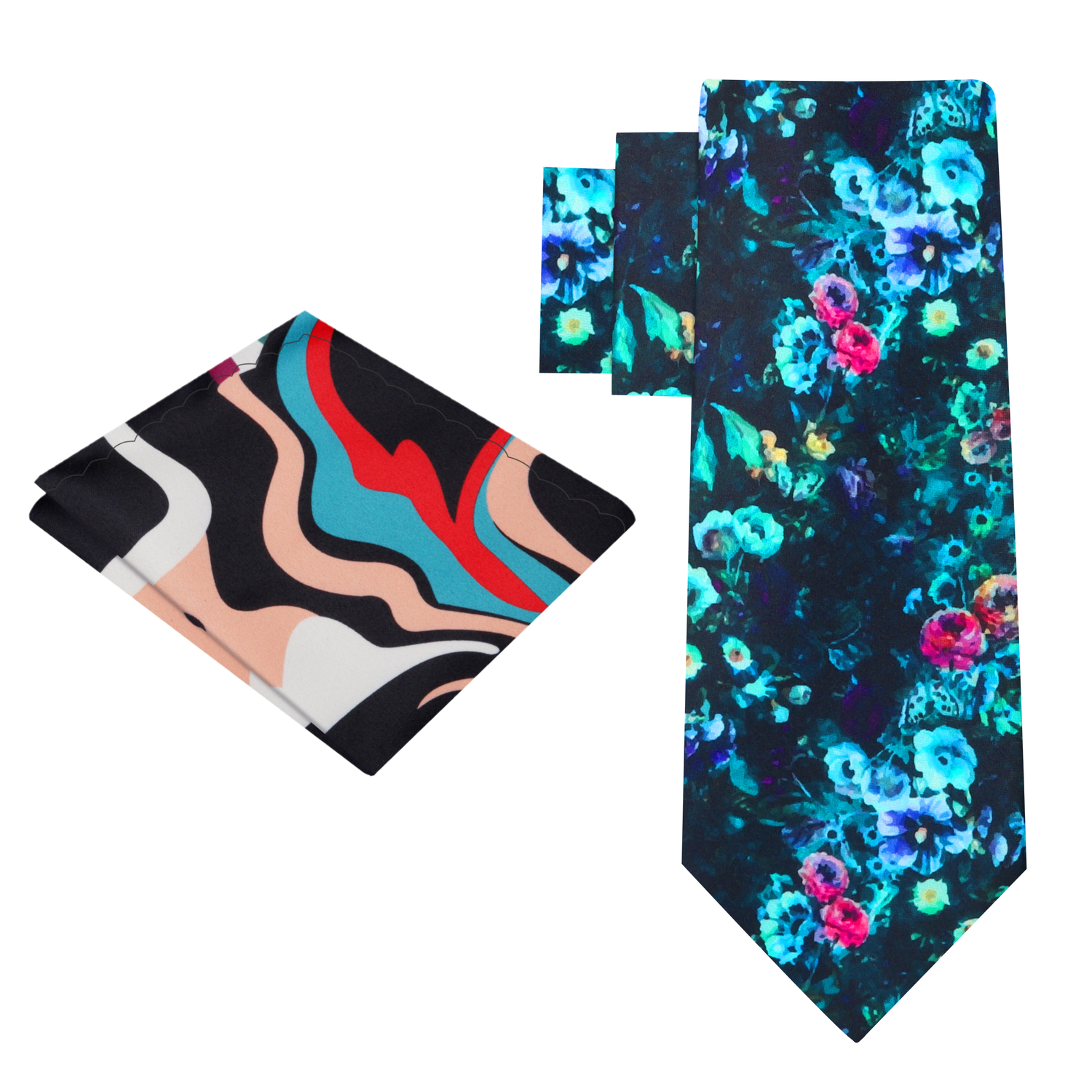 Alt view: Deep Sacramento Green Light Blue Floral Oil Painting Necktie and Accenting Square 1
