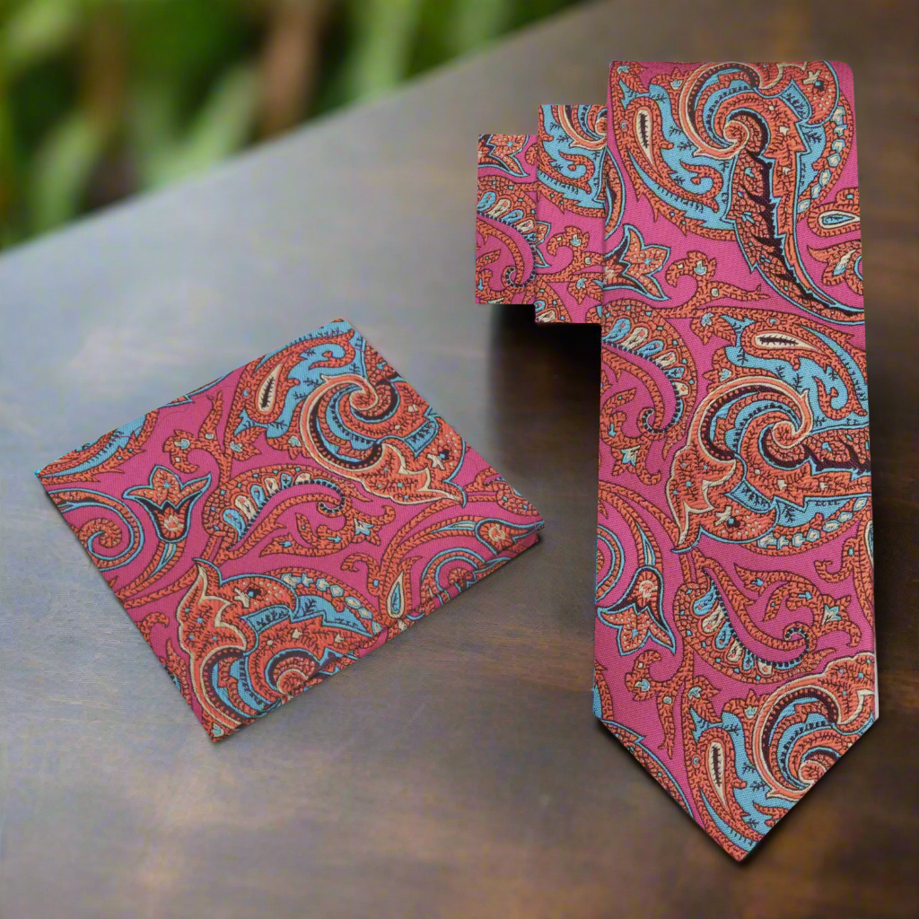 View 2: Pink, Orange Paisley Necktie and Square