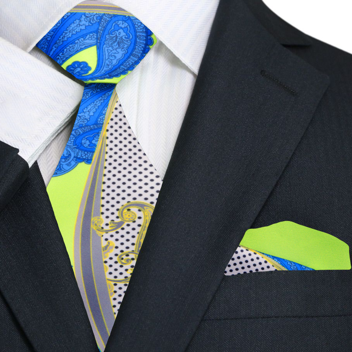 Lime Green, Blue and Off-white abstract paisley tie and square