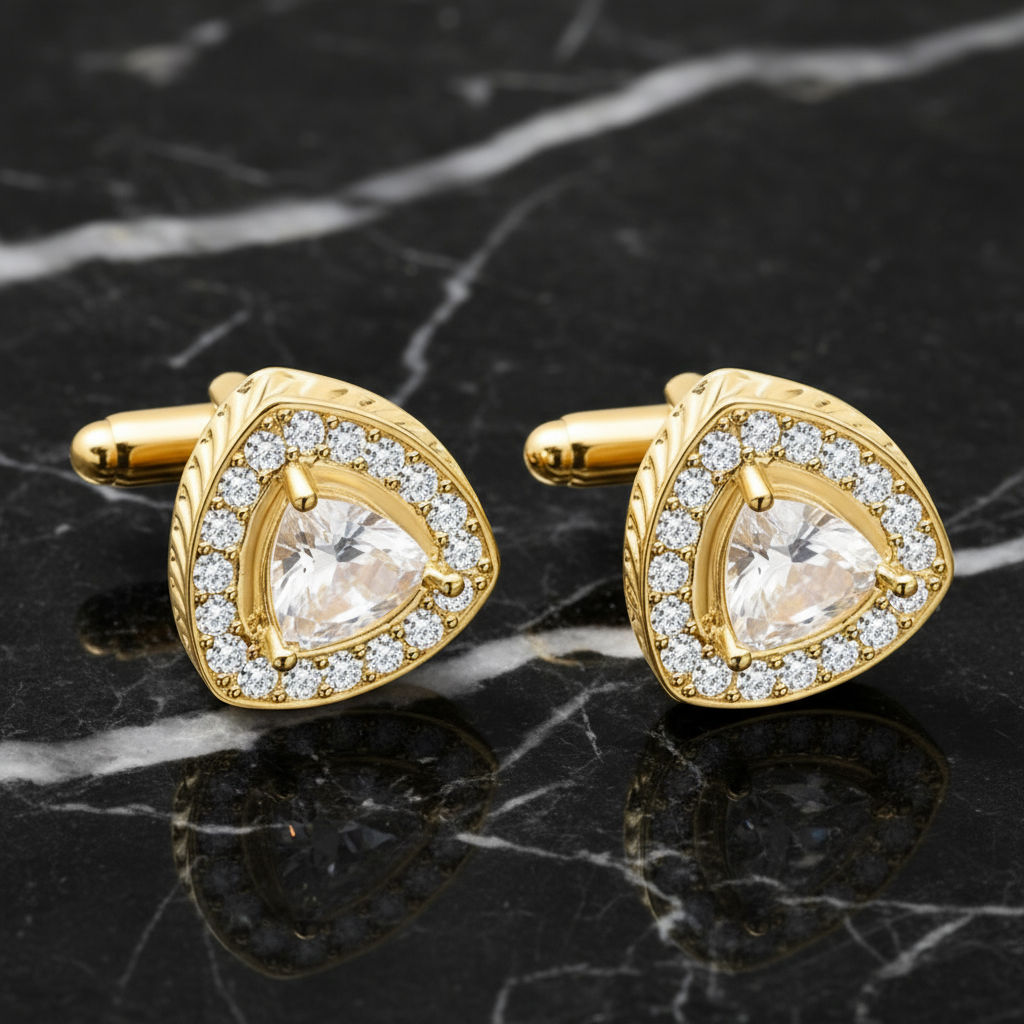 A Gold, Clear Color Diamond Shape Cuff-links