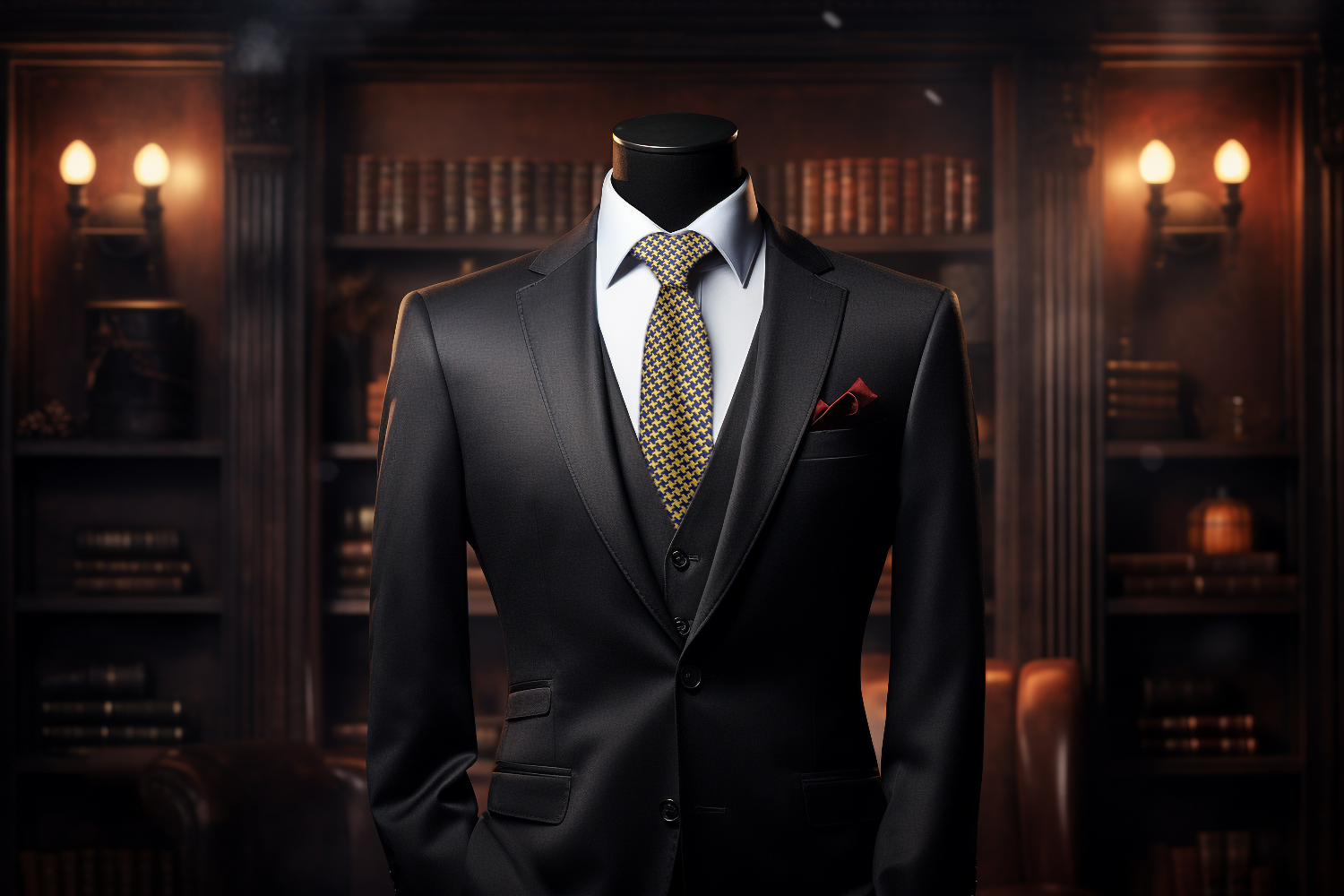 Gold and Blue Hounds Tooth Necktie On Black Suit