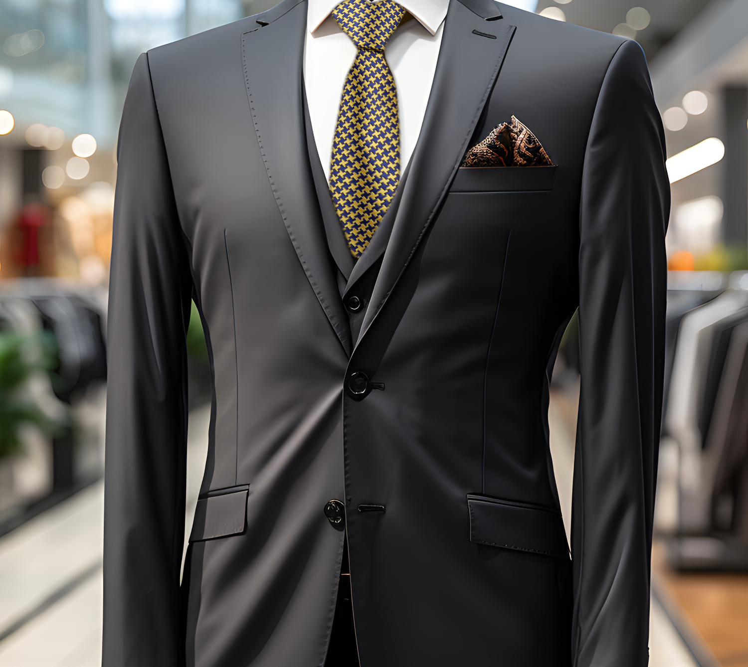 Gold and Blue Hounds Tooth Necktie On Charcoal Suit