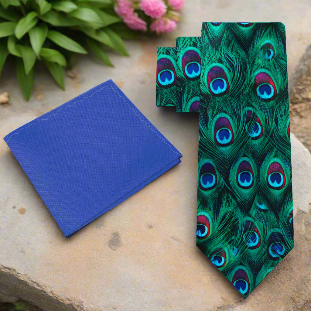 Alt View: Green, Blue, Red Peacock Feather Tie and Blue Square