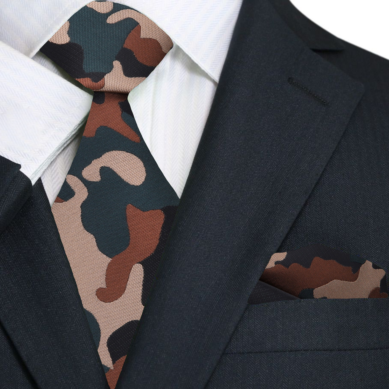 A Brown, Olive Green, Black Color Camouflage Fleck Pattern Necktie, Matching Pocket Square