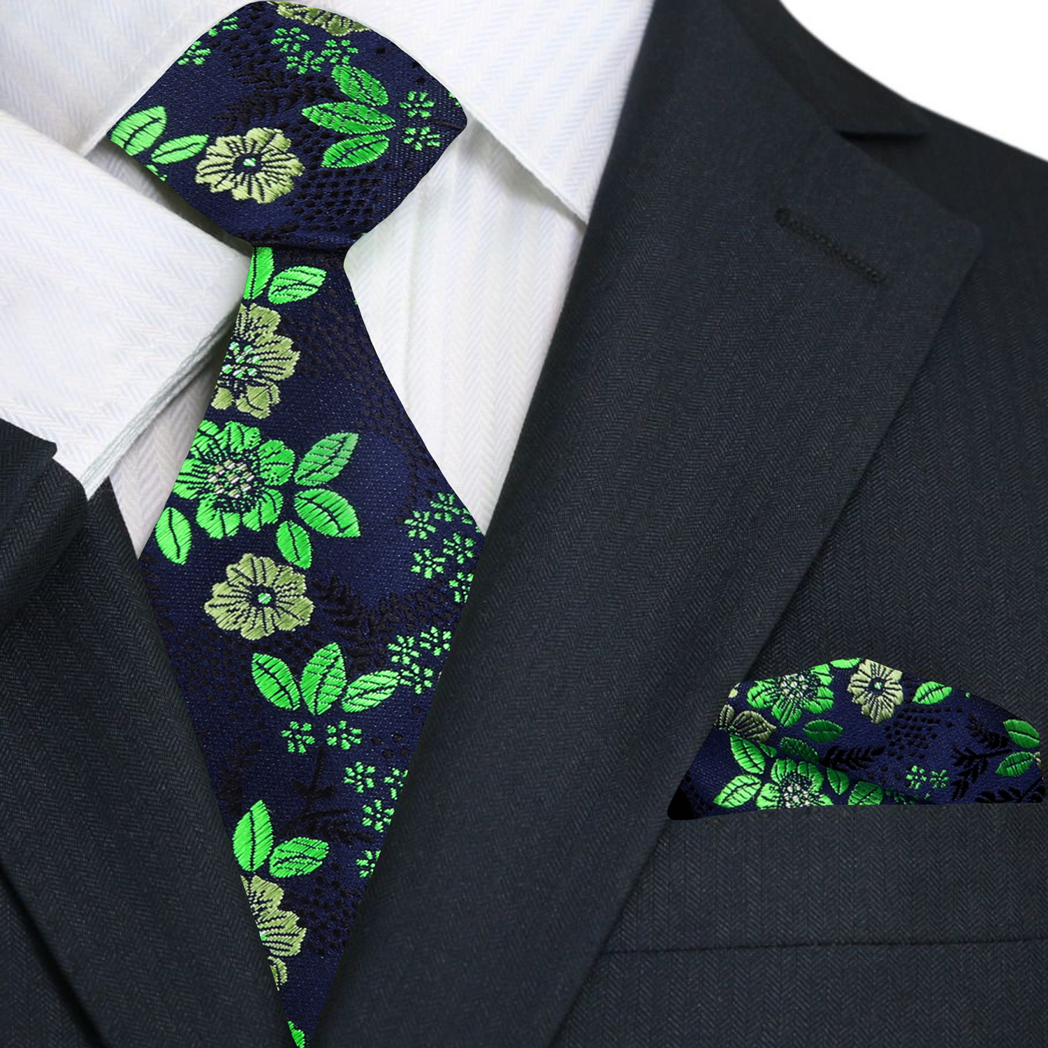 Blue and Green Floral Tie and Pocket Square||Blue, Green