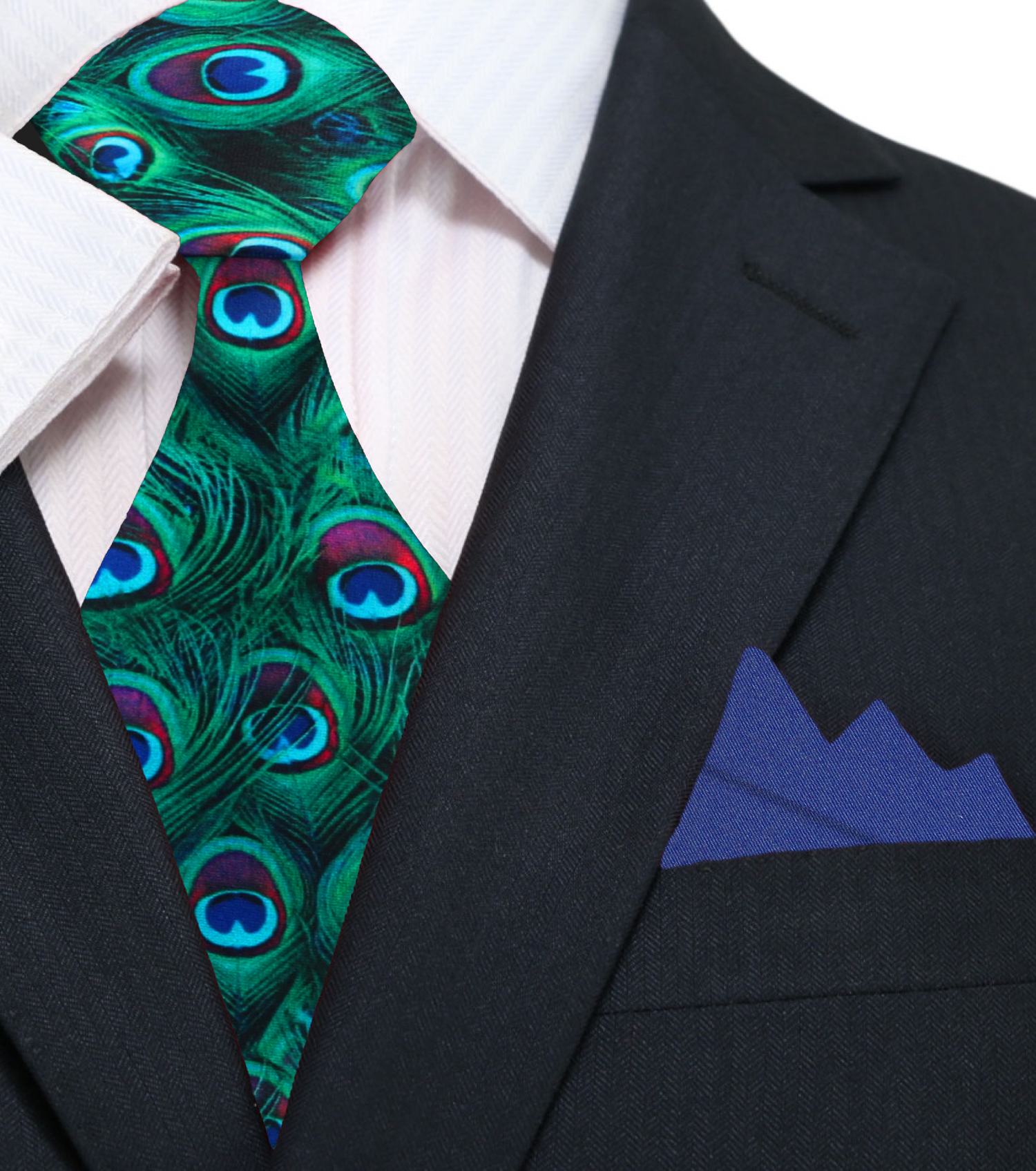 Green, Blue, Red Peacock Feather Tie and Blue Square