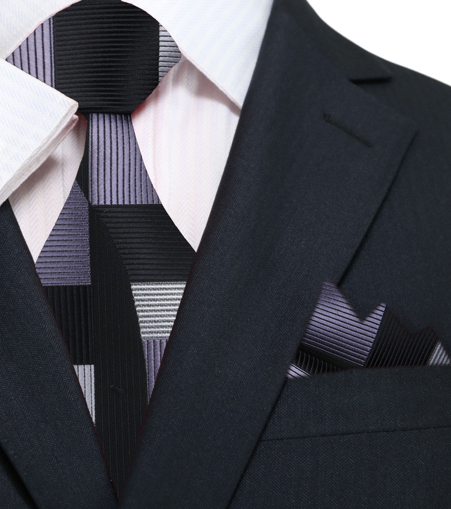 Grey, Black Abstract Tie and Pocket Square||Grey