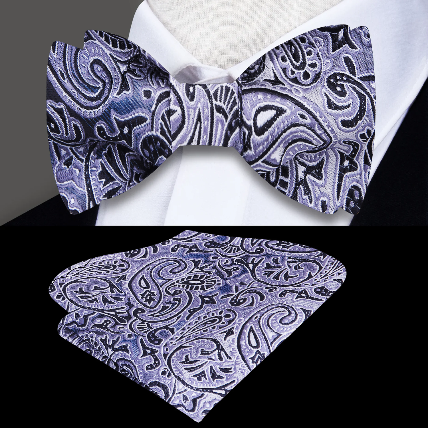 Grey, Black Paisley Bow Tie and Pocket Square
