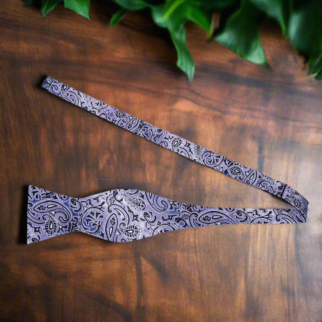 Grey, Black Paisley Bow Tie Self Tie