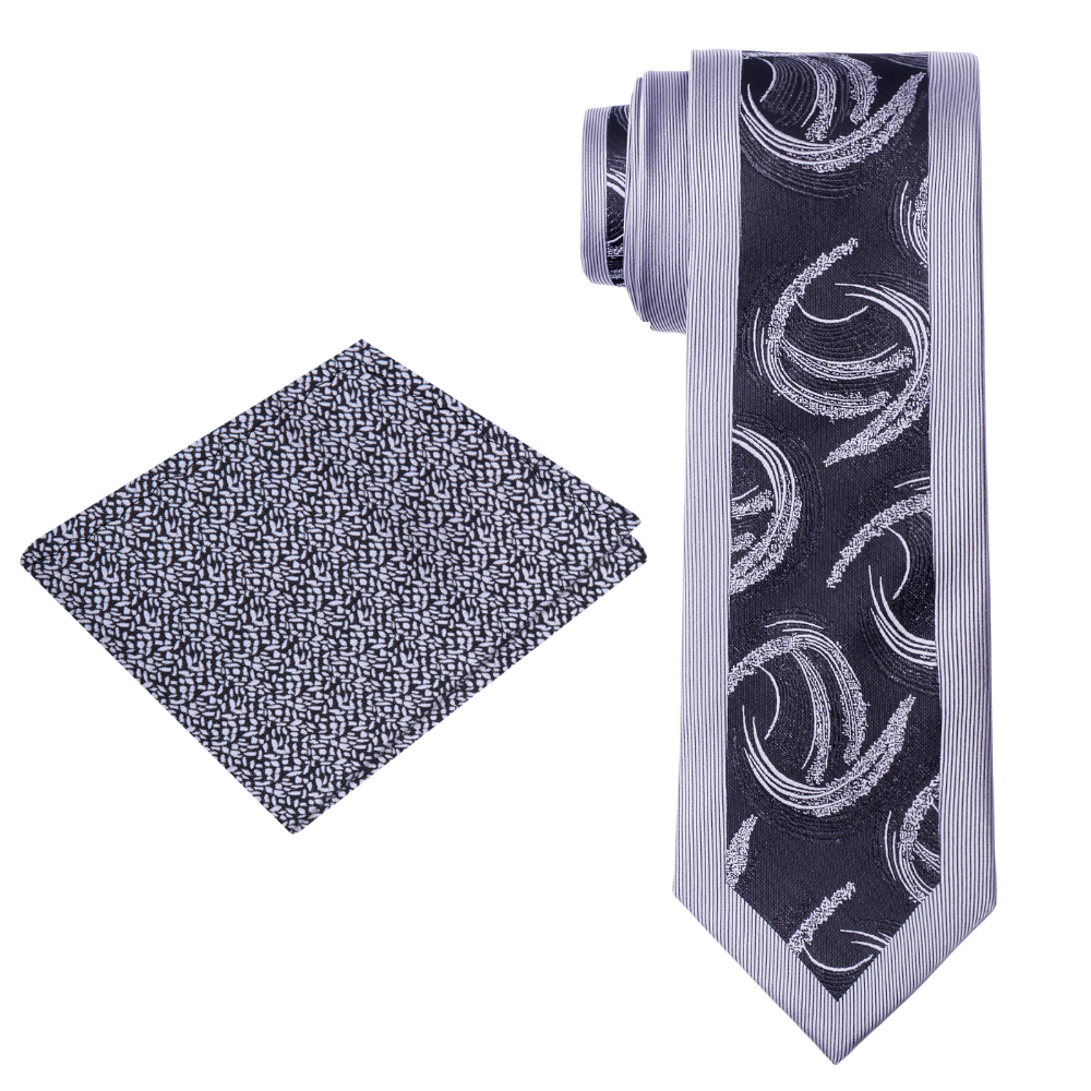 View 2: Grey, Black Swirl Necktie and Accenting Square