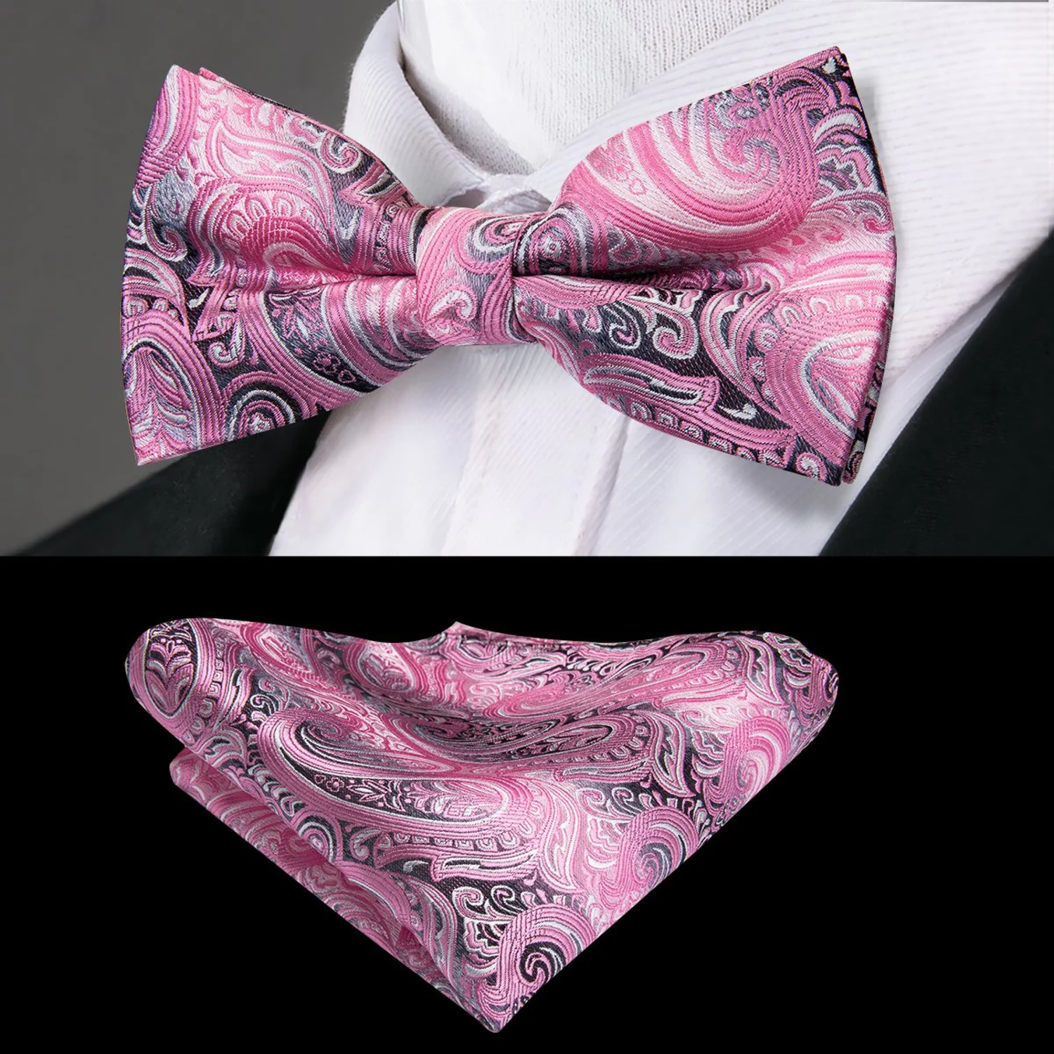 Grey and Pink Faded Fiber Paisley Bow Tie and Pocket Square