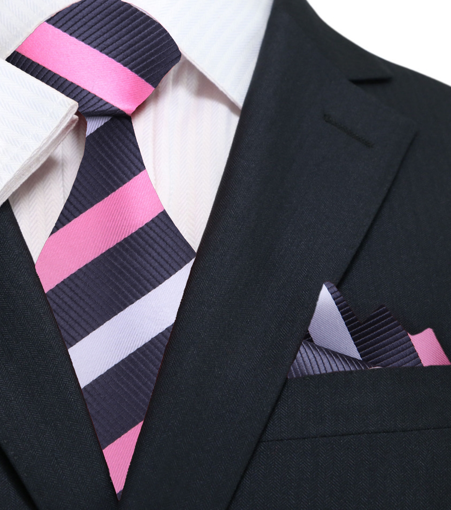 Pink, White and Grey Stripe Tie and Pocket Square||Pink, Grey, White