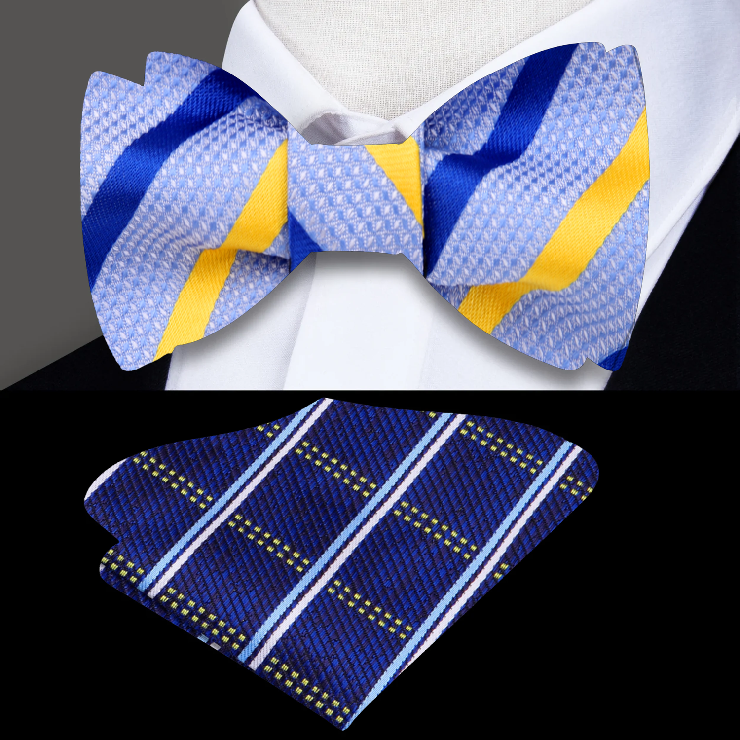 Light Blue Blue Yellow Dashing Stripe Bow Tie and Blue Plaid Square