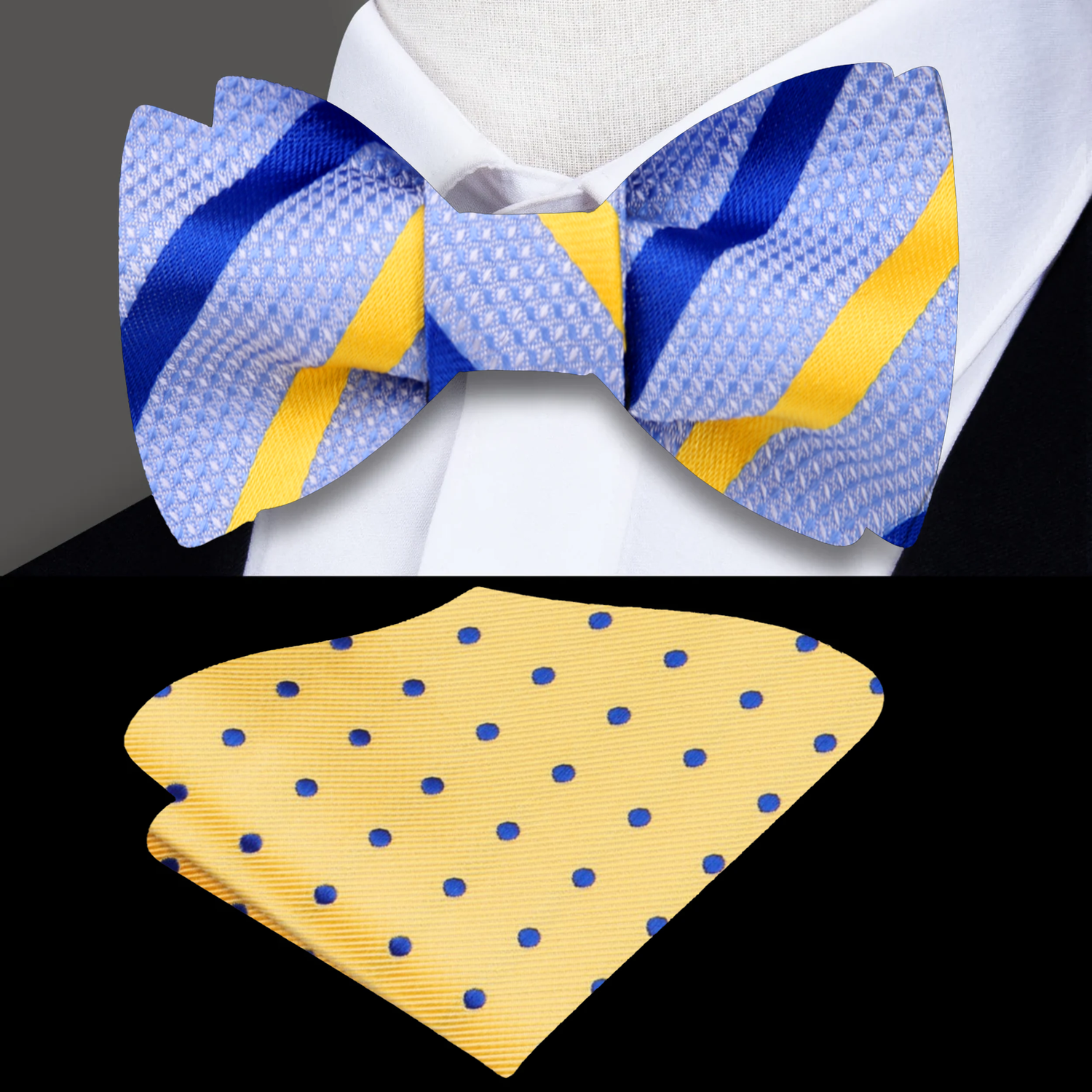 Light Blue Blue Yellow Dashing Stripe Bow Tie and Yellow Blue Polka Square