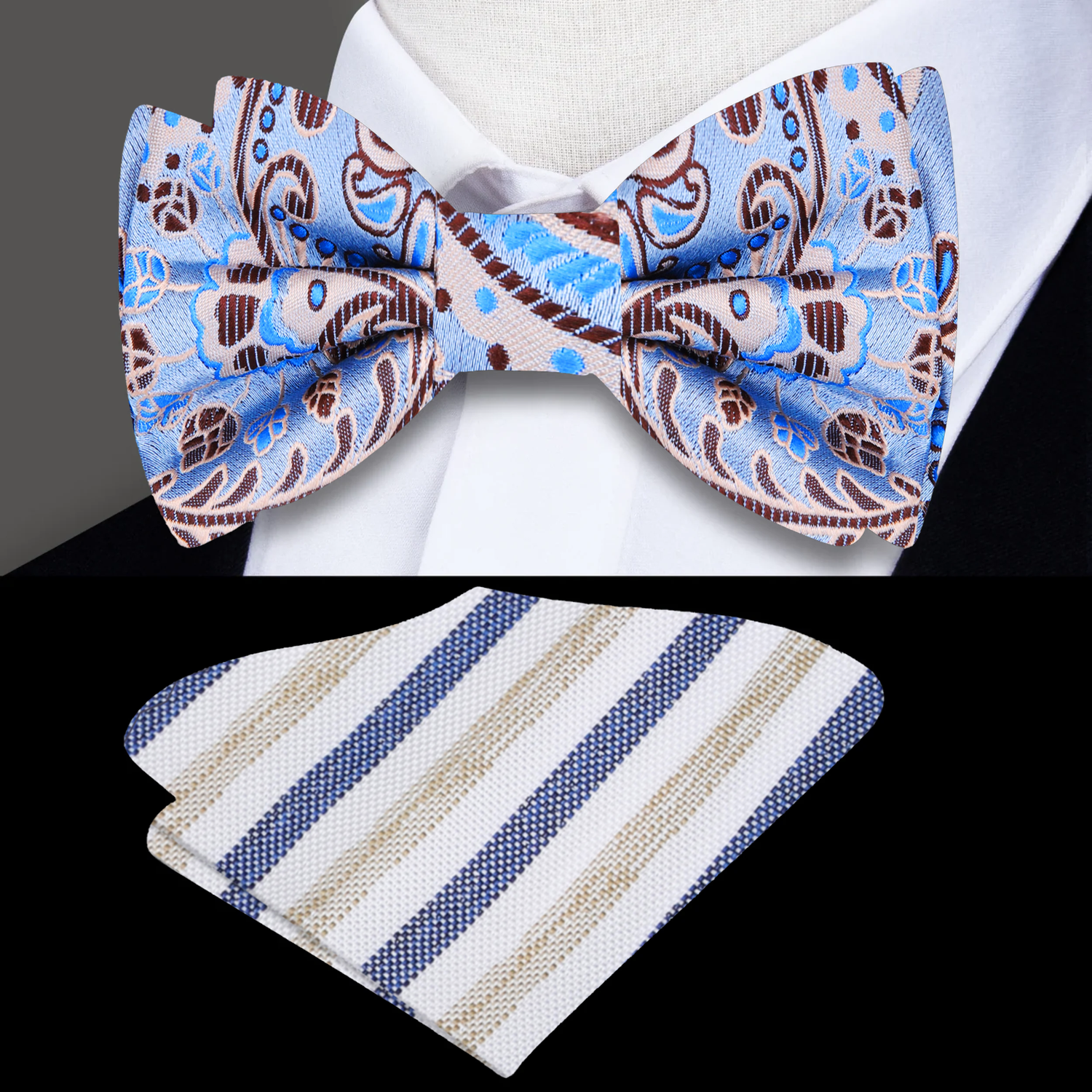 Light Blue Brown Paisley Bow Tie and Accenting Stripe Square