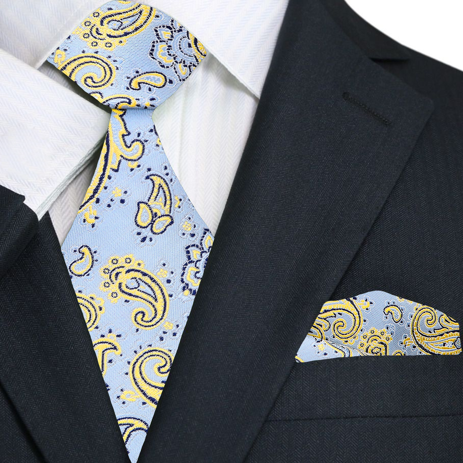 Blue and yellow paisley tie and pocket square set on a black suit jacket.