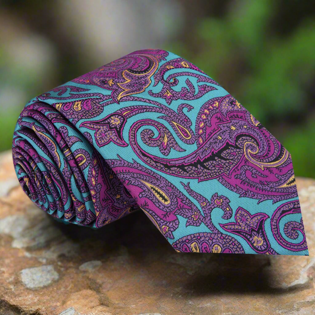 A Teal, Purple Intricate Paisley Pattern Necktie