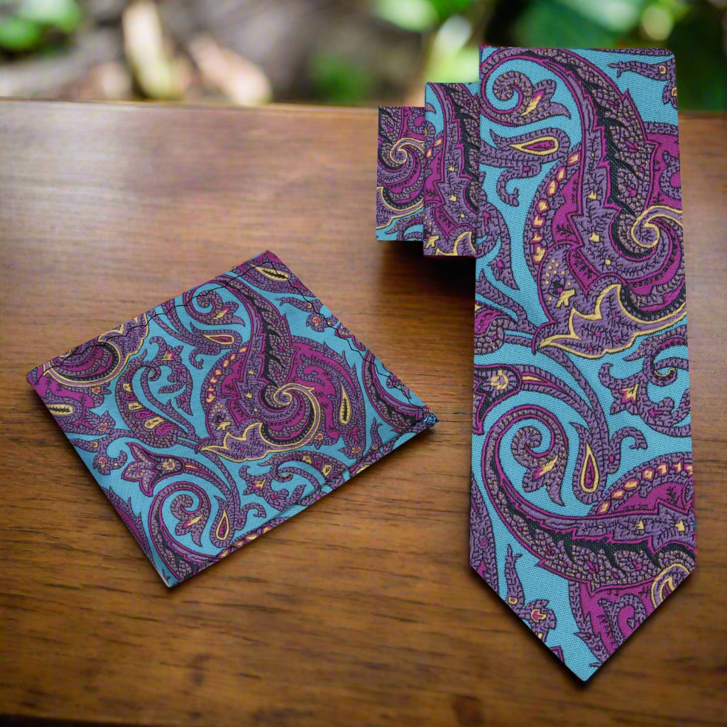 View 2 A Teal, Purple Intricate Paisley Pattern Necktie, Matching Pocket Square